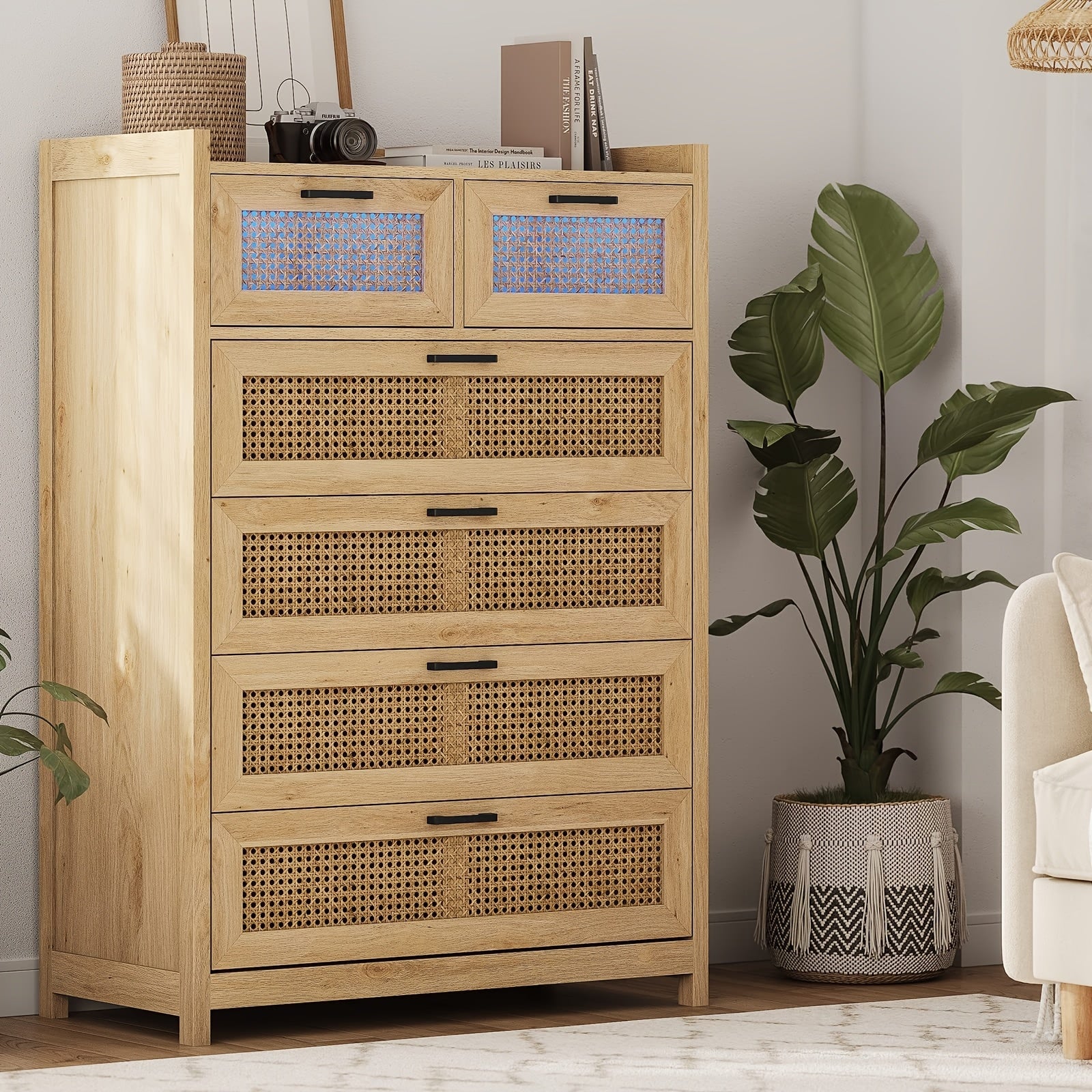 6 Drawer Dresser Natural Rattan Chests Of Drawers With LED Light Tall Dressers For Bedroom Entryway - Natural - Dresser