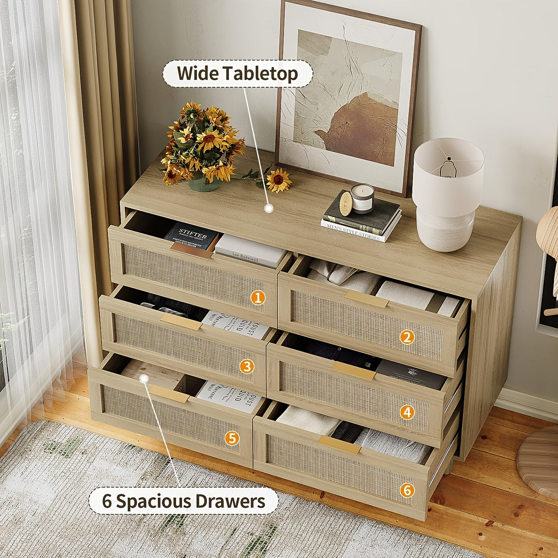 Elegant Boho 6-Drawer Dresser with Golden Handles - Natural Rattan & Wood, Sturdy Metal Frame, Convertible to TV Stand, Ideal for Bedroom & Living Room Storage, Versatile Dresser|Vintage Aesthetic|Sturdy Frame Construction, D