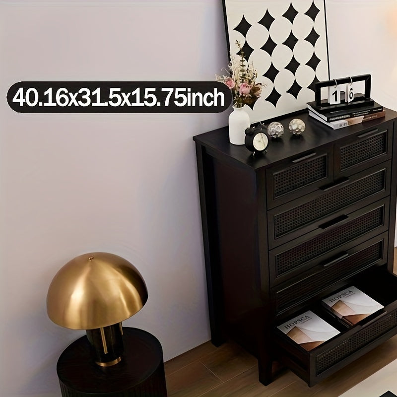 Black 6 Drawers Dresser, Dressing Table For Bedroom, Rattan Dresser For Household Storage And Organizing Tools, Tall Storage Cabinet For Studio, 6 Chest Of Drawers Cabinet For Living Room, Hallway