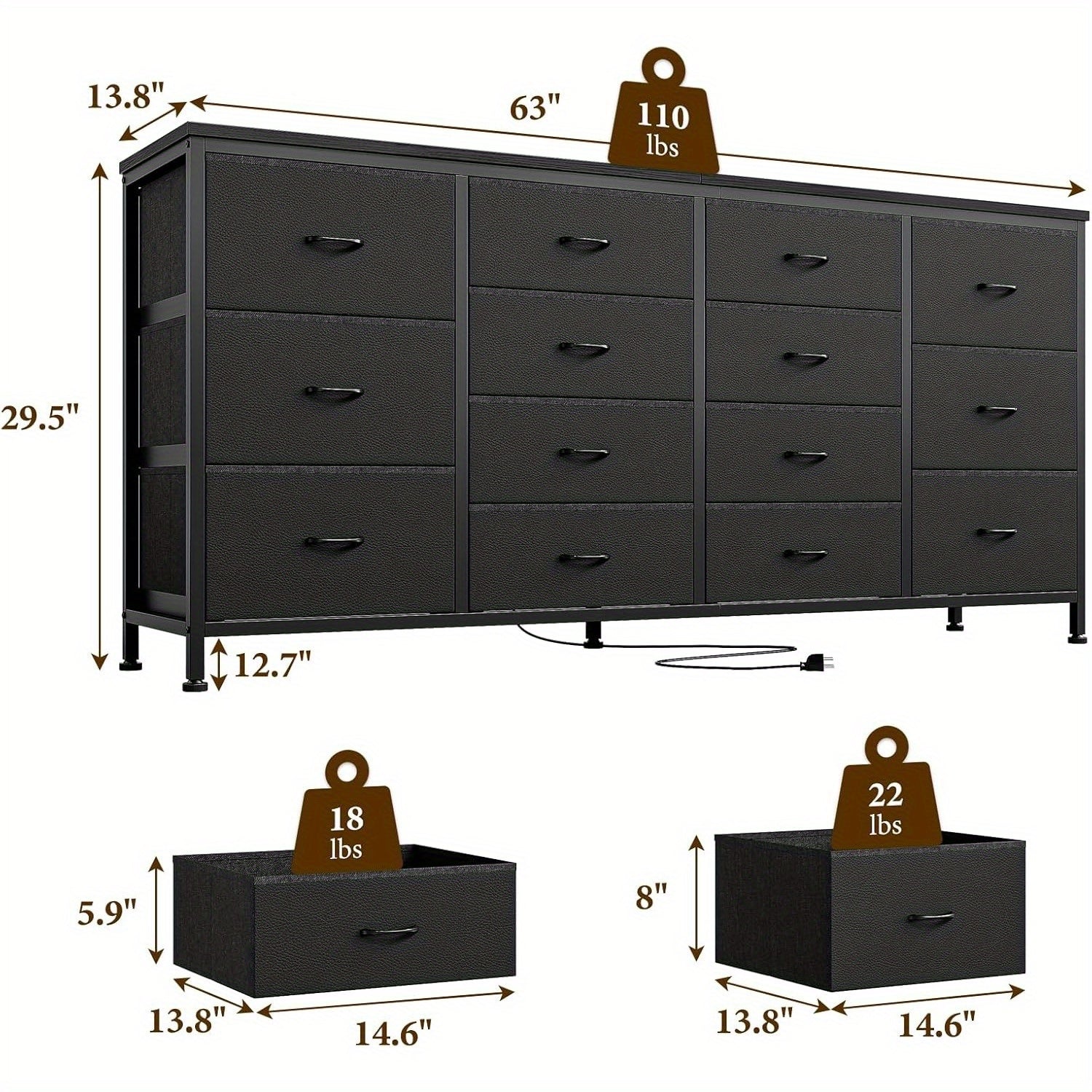 63" W Black Dresser TV Stand for 65 70 75 Inch TV, 14 Drawer for Bedroom with Power Outlets, Large Long Fabric Dresser Entertainment Center