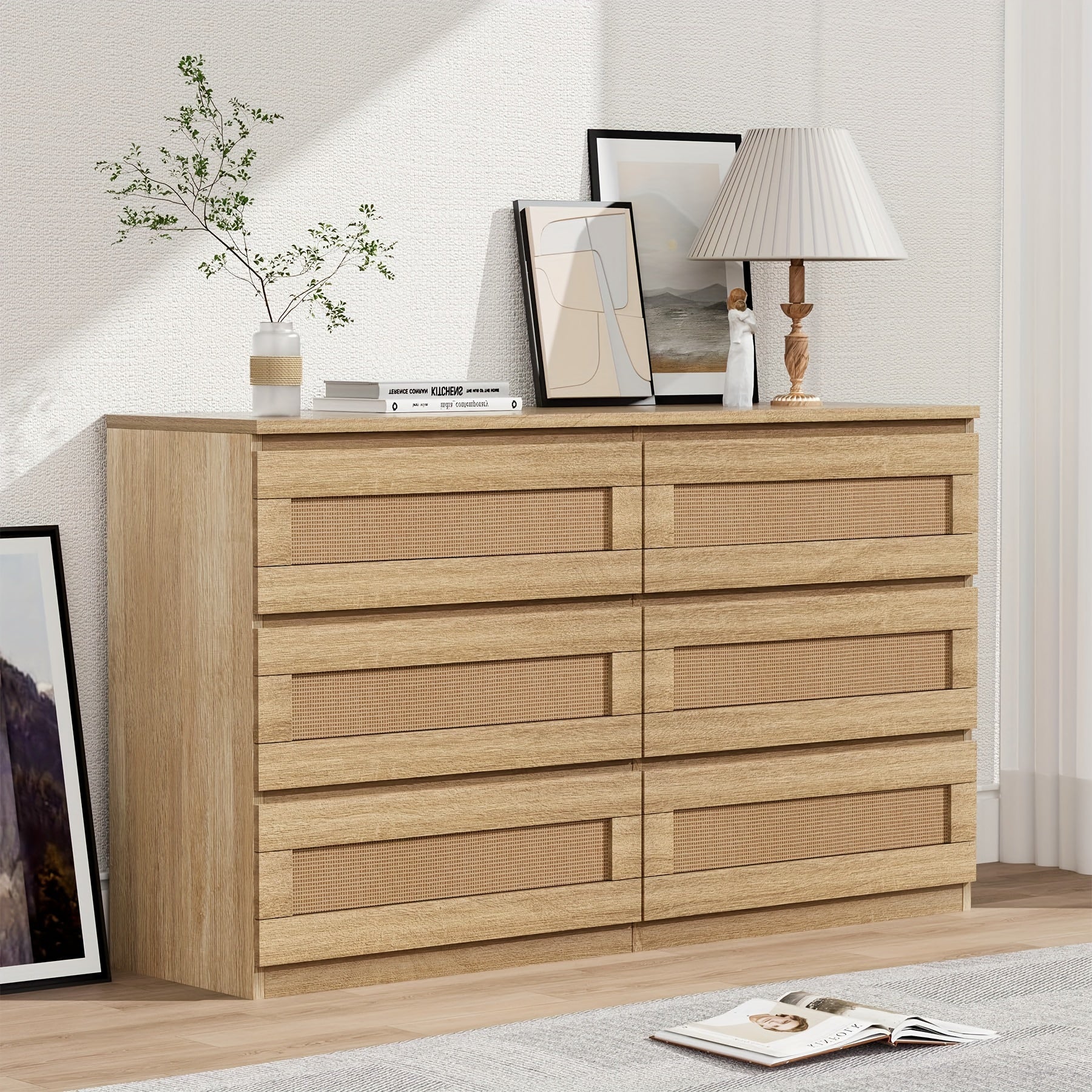 Rattan Dresser For Bedroom 6 Drawer Dresser For Bedroom Modern Wide Chest Of Drawers With Anti-Tip Kit & Smooth Slide