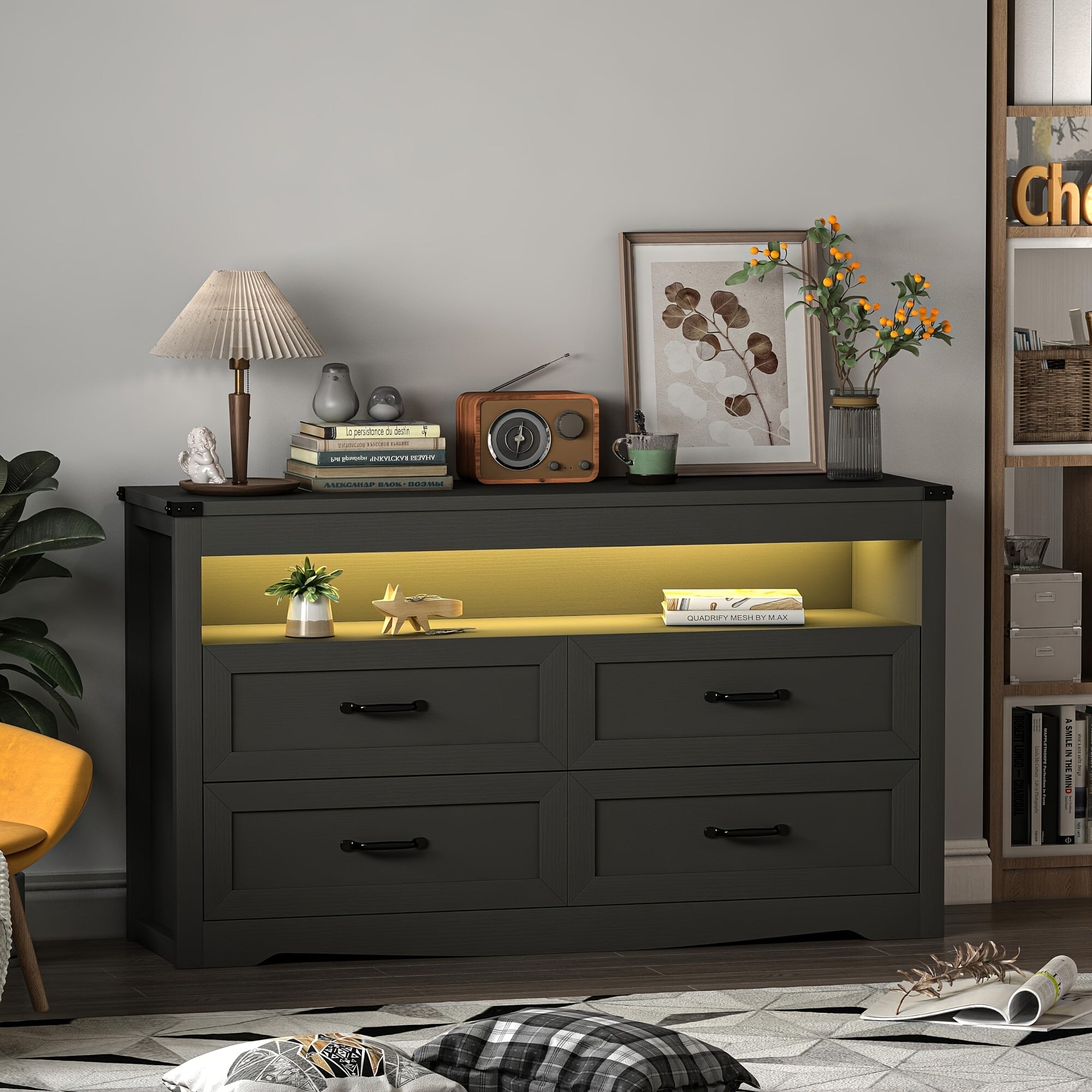 Dresser for Bedroom with LED Lights, Modern Dressers Chest of Drawers Bedroom Wood Dresser Rustic Wide Storage Drawers Dressers Organizer for Closet, Living Room, Hallway