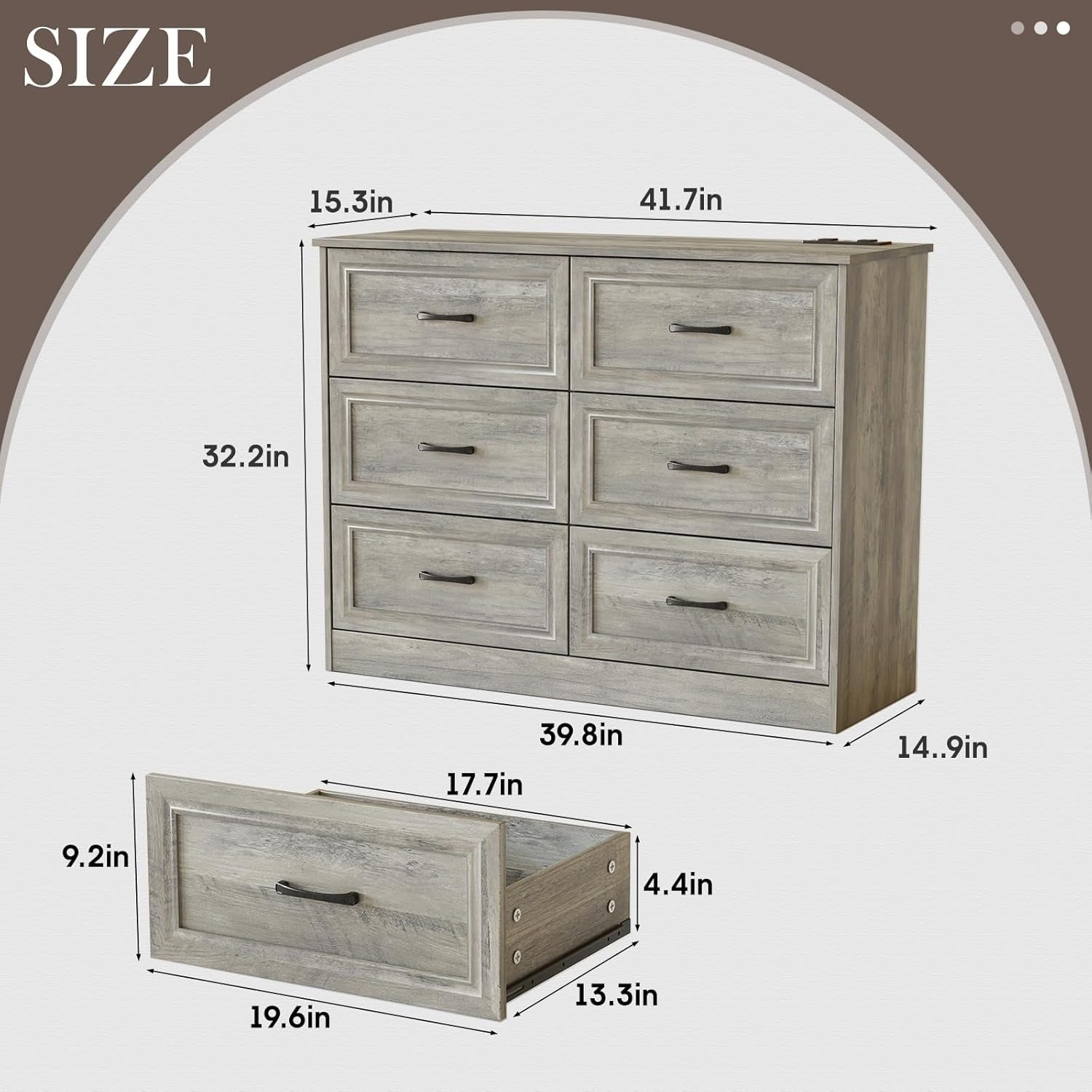 Spacious 6-Drawer Dresser with Charging Station - Wide Vanity Organizer for Bedroom & Hallway, Wooden with Metal Handles, Ash Grey