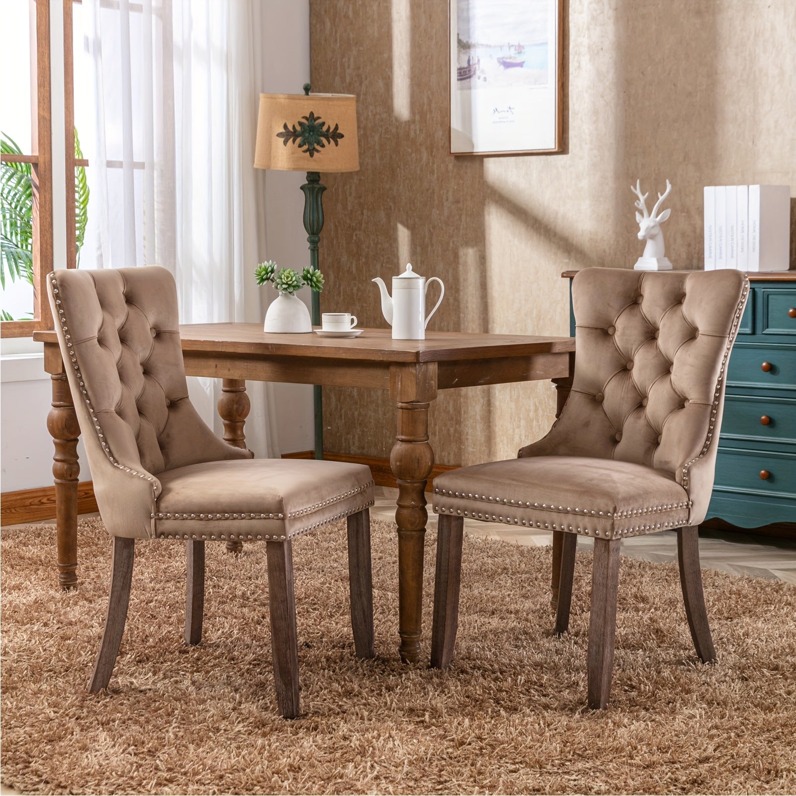 2pcs Dining Chair Set, Upholstered Dining Room Chairs with Nailhead Back Ring Pull Trim and Solid Wood Legs, Luxury Tufted Diner Chairs for Kitchen, Bedroom, Dining Room