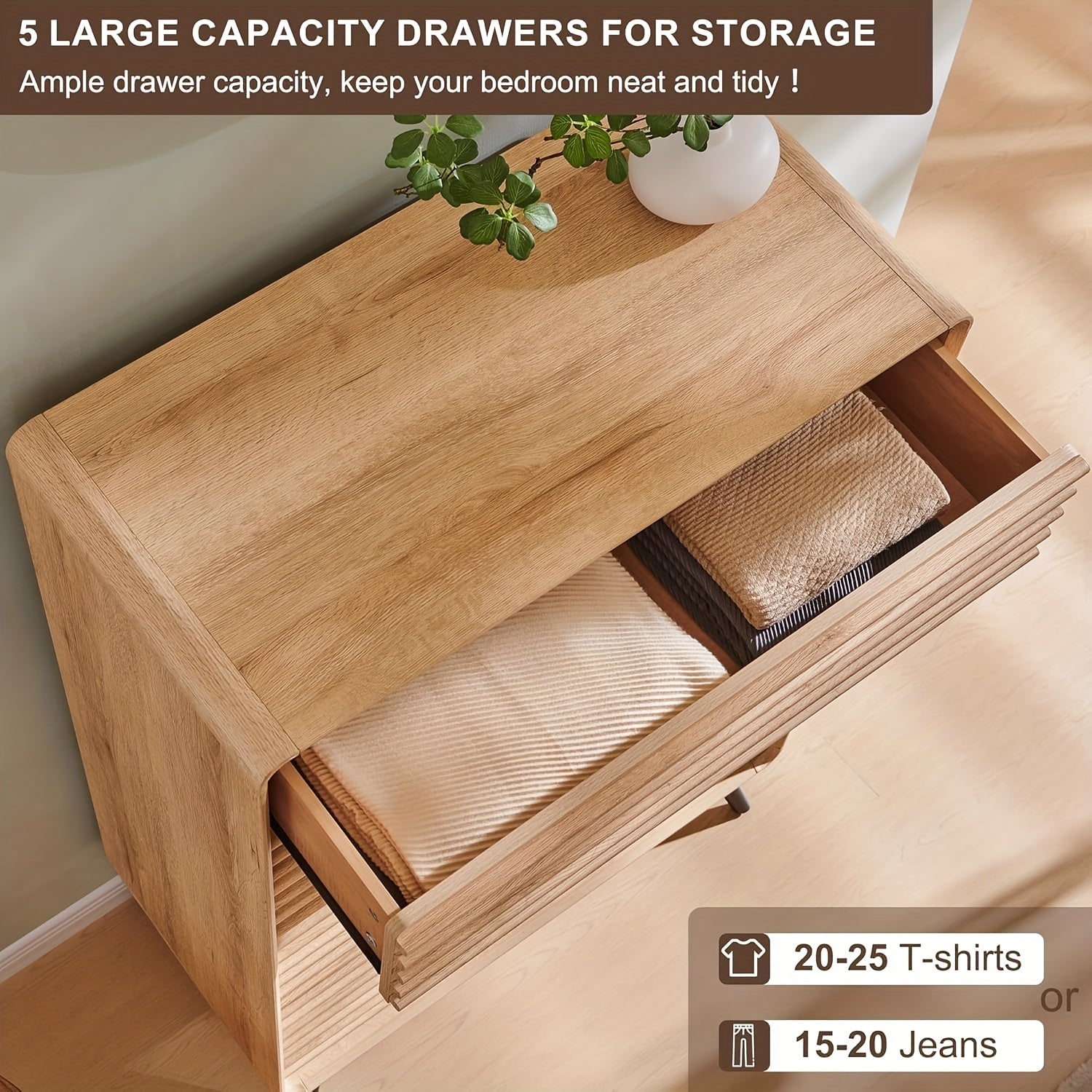 Mid-Century Modern 48’’ Wooden Fluted Dresser with 5 Drawers - Vintage Style Freestanding Chest of Drawers for Bedroom