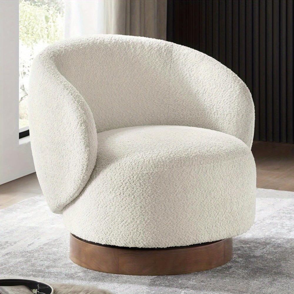 1pc Cream Swivel Accent Chair, Round Barrel Armchair with Upholstered Performance Fabric, Solid Back, Hardwood Material, Non-Adjustable Recline, Wipe Clean Care, for Living Room Bedroom Waiting Room