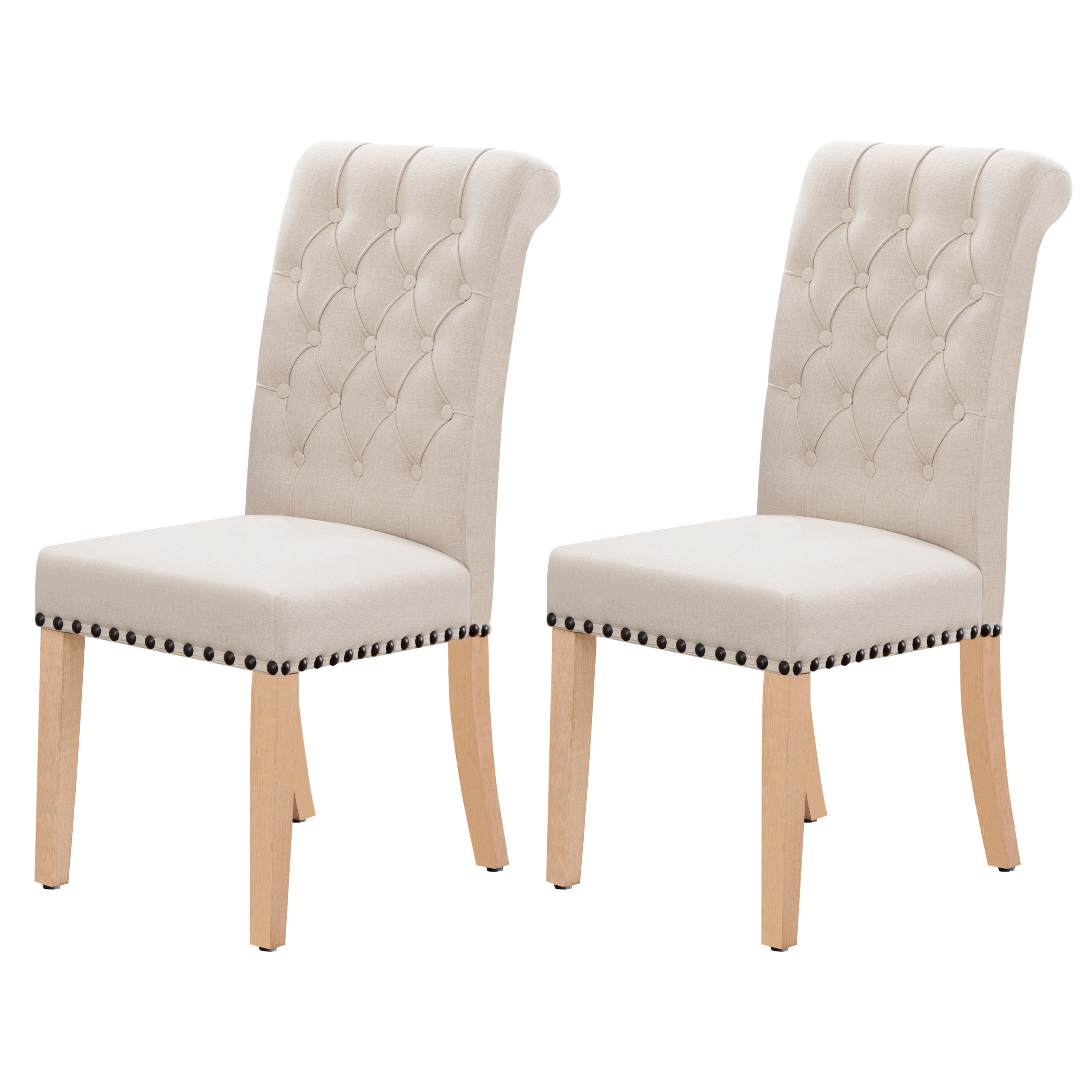 Linen Fabric Dining Chairs, Set Of 2 Modern Parson Chair, Fashionable Dining Room Chairs With Nailheads Trim, Button Tufting, Solid Wood Legs Living Room Chairs