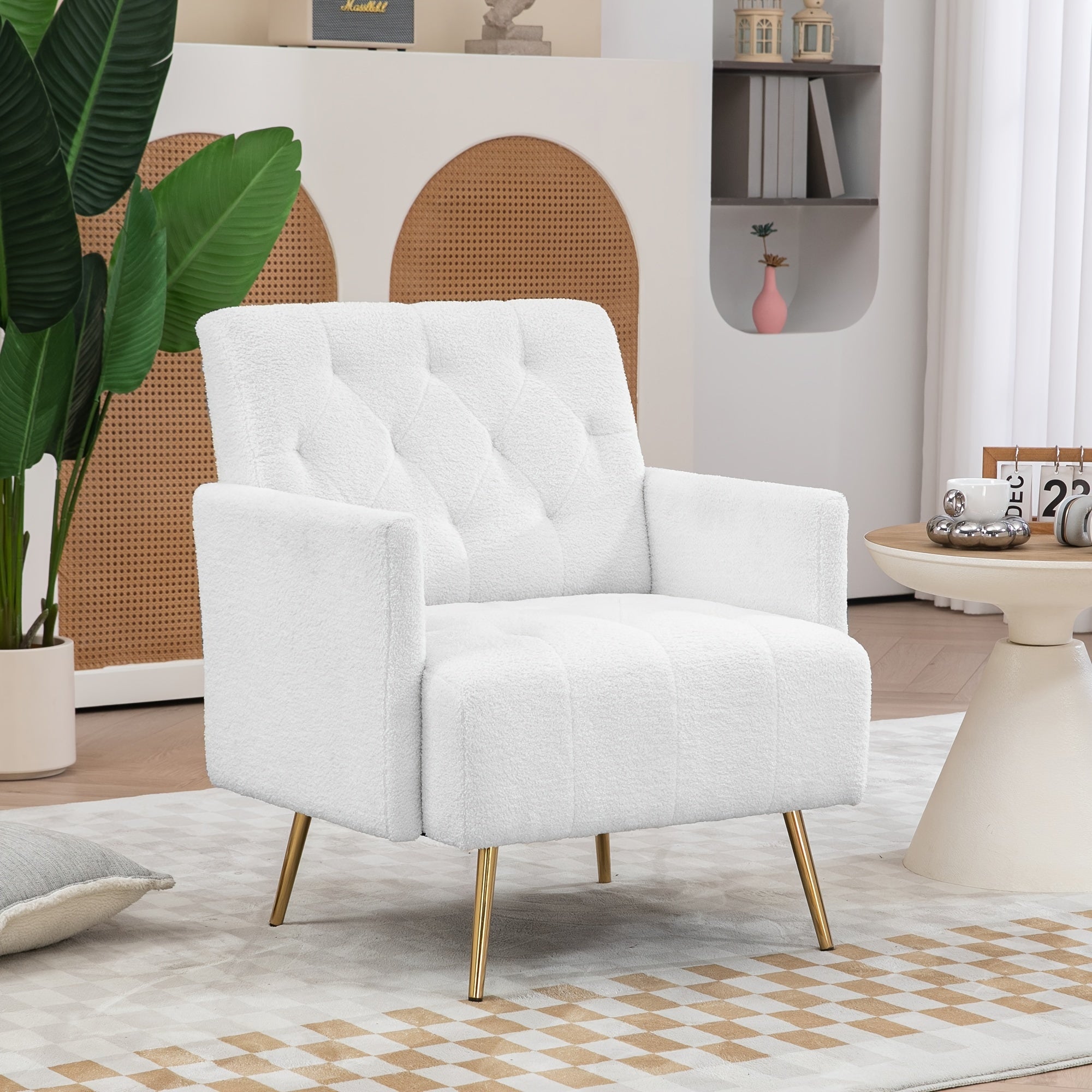 Modern Sherpa Accent Chair, Upholstered Tufted Armchair with Golden Steel Legs, Fabric Reading Chair, Comfy Living Room Chairs, White