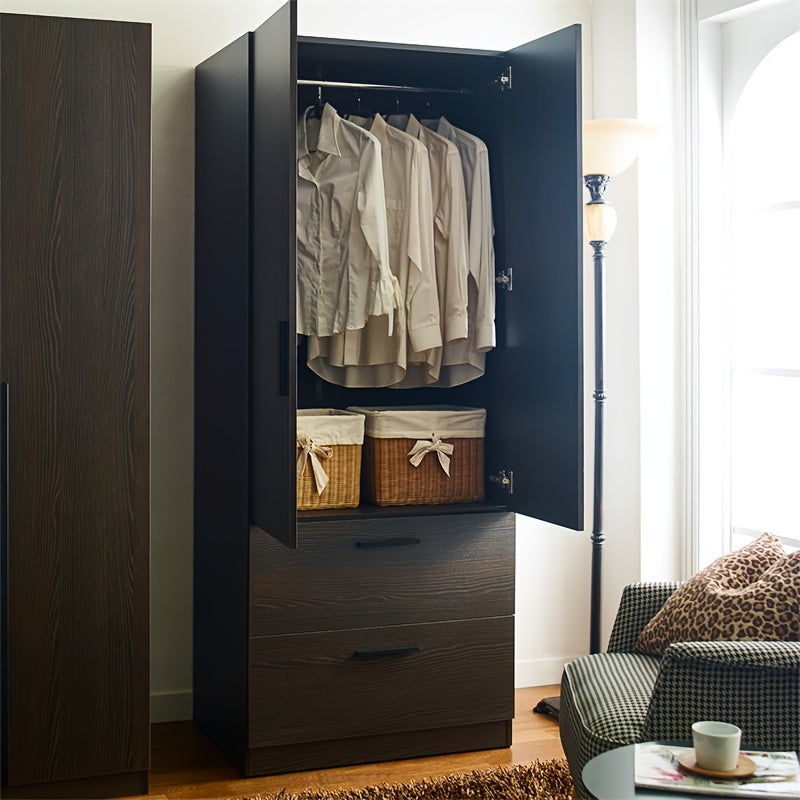 Dark Brown Wooden Closet with Dual Doors, 2 Drawers & Hanging Rods - Spacious Storage Solution, Mounted Closet Systems