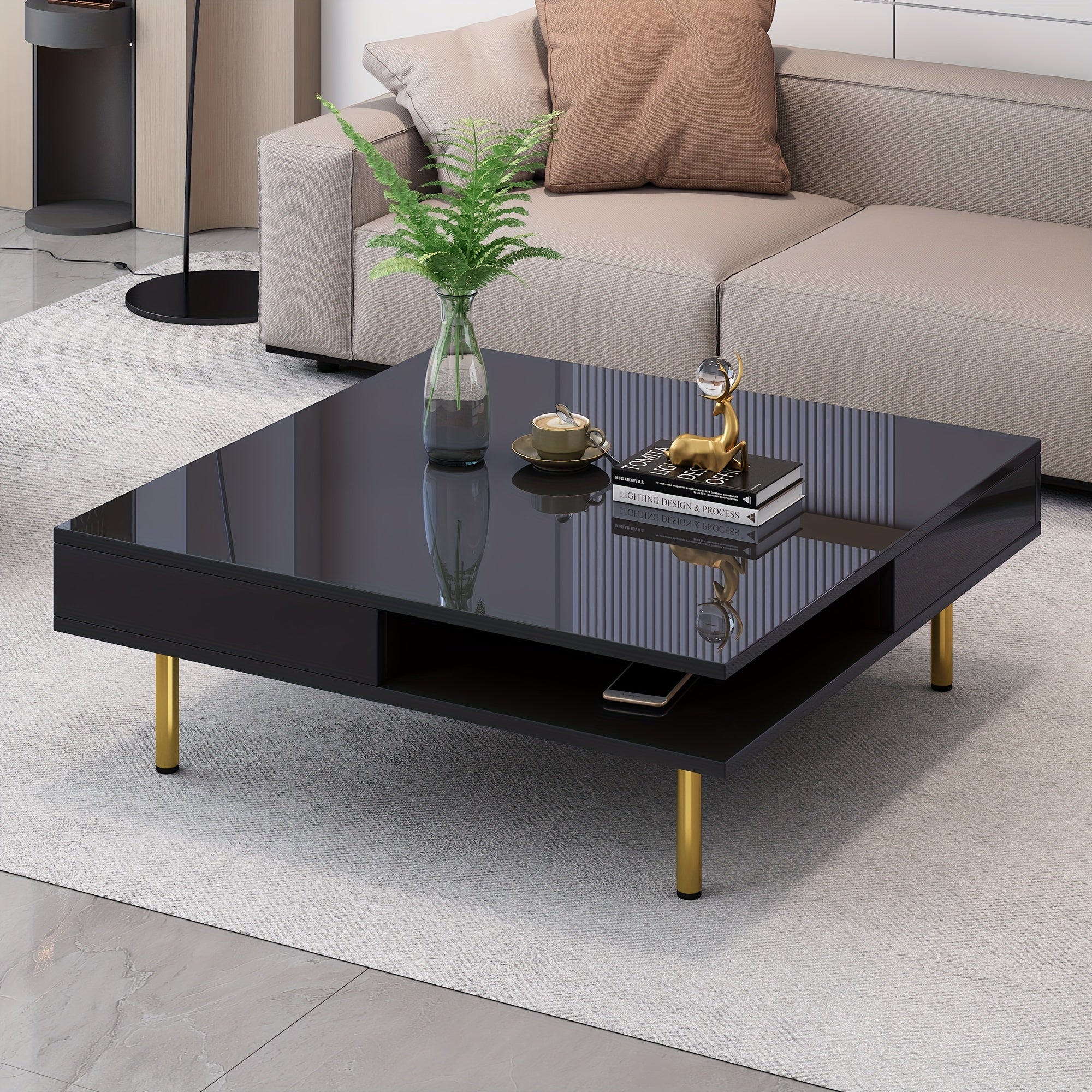 Exquisite High-gloss Glossy Coffee Table With Stylish Modern Design, Square Coffee Table For Living Room With Two Small Hidden Drawers And Open Storage Shelves For Easy Storage Of Various Items Such As Remote Controls, Magazi