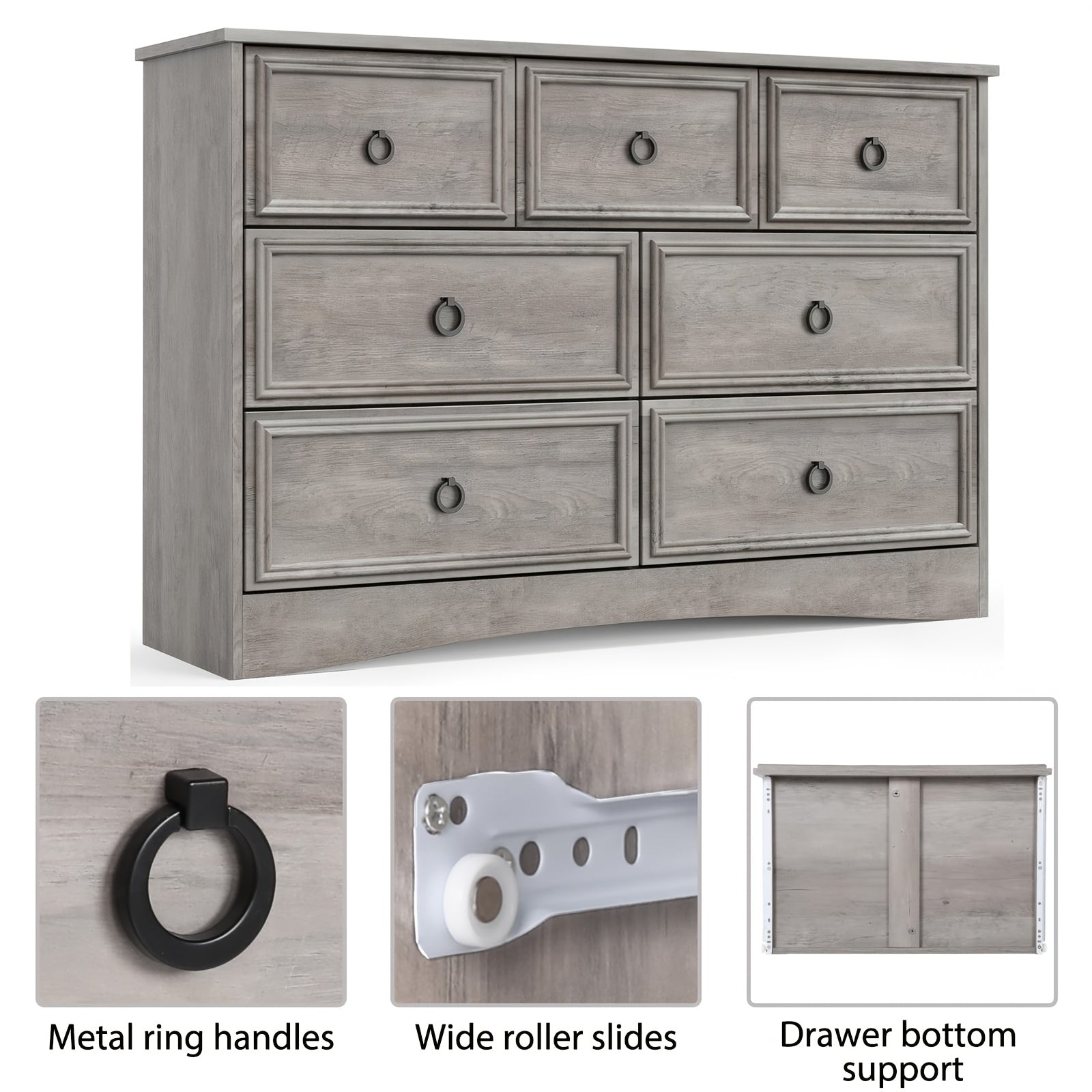 Dresser For Bedroom With 7 Drawers, Rustic Wide Chest Of Drawers, Storage Dressers Organizer For Bedroom, Living Room, Hallway, Closet