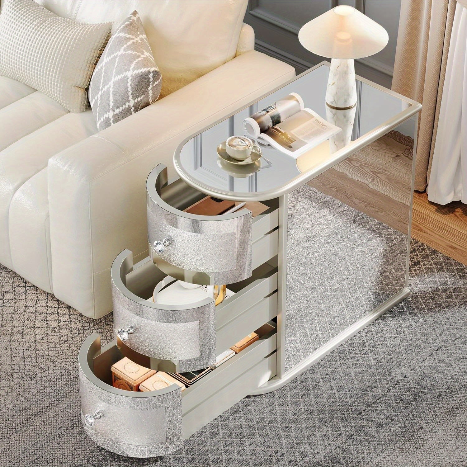 End Table For Living Room - No Assembly Required, Mirrored Side Table With 3 Drawers, Narrow Wood Sofa Side Table, Modern Nightstand Bedside Table For Bedroom, Storage Lockers, Storage And Organization