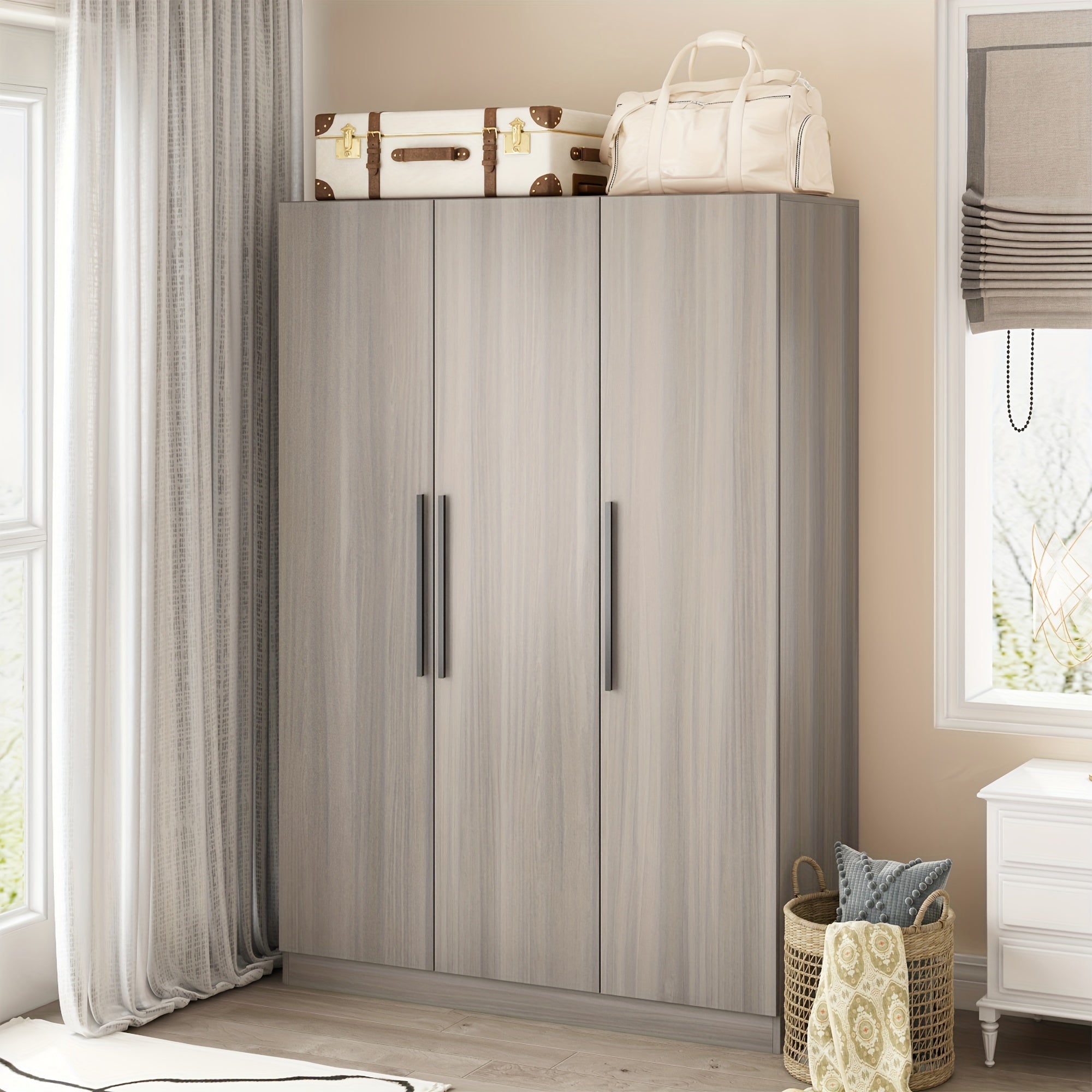 3 Door Large Wardrobe, 4 Folding Storage Area, Hanging Area, Bedroom Storage Wardrobe (70" X 47.2" X 18.9")