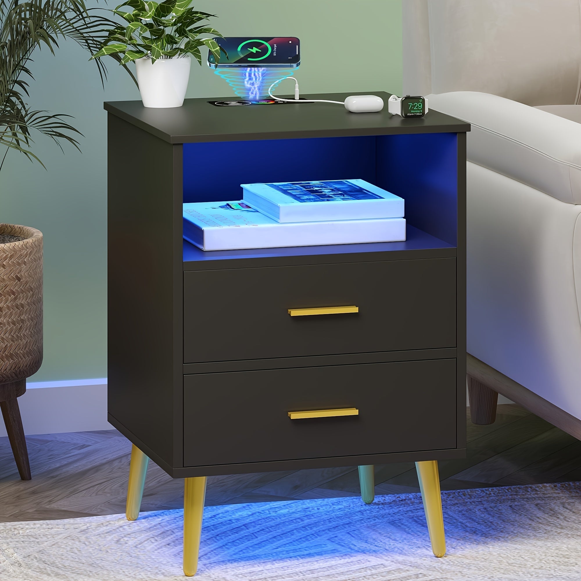 White Nightstand With Charging Station And LED Lights, Smart Night Stand Wood With 2 Drawers And Open Storage, Bedside Table, End Table For Bedroom Living Room