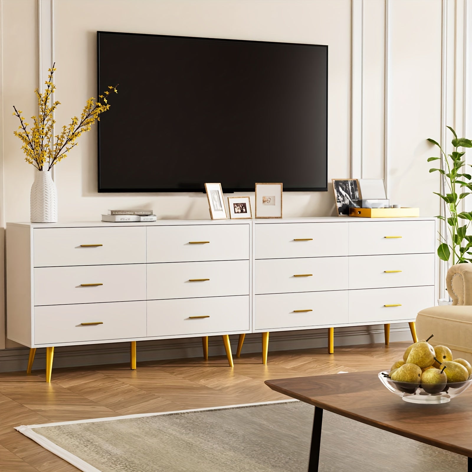 6-Drawer Dresser Modern Wooden Chest with Wide Drawers Golden Metal Handles Ample Storage ≥3.2 Cubic Feet Capacity