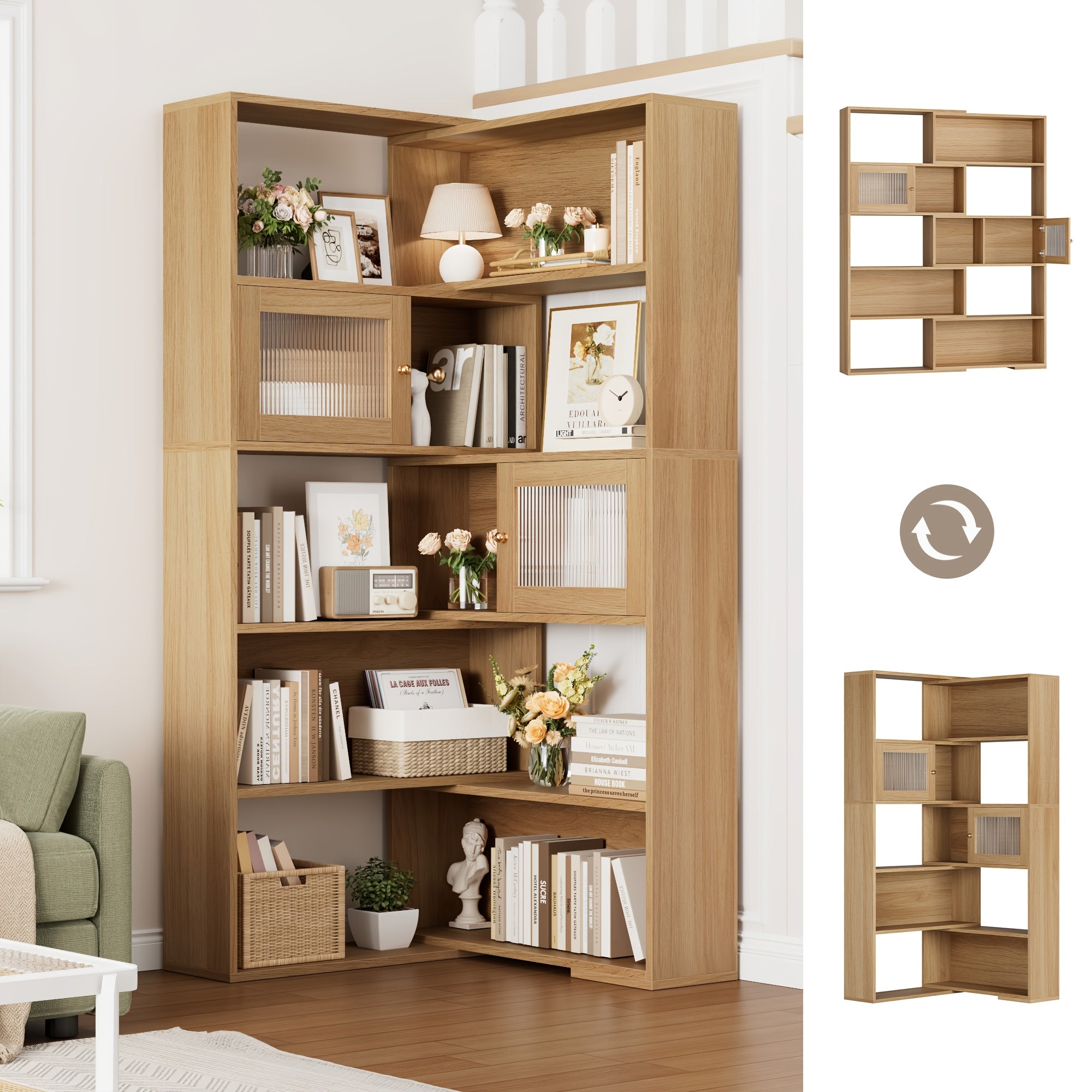 Reversible Wood Grain Bookshelf with Doors - 60.6’’ Tall Spacious Storage for Living Room Home Office Library - Wood