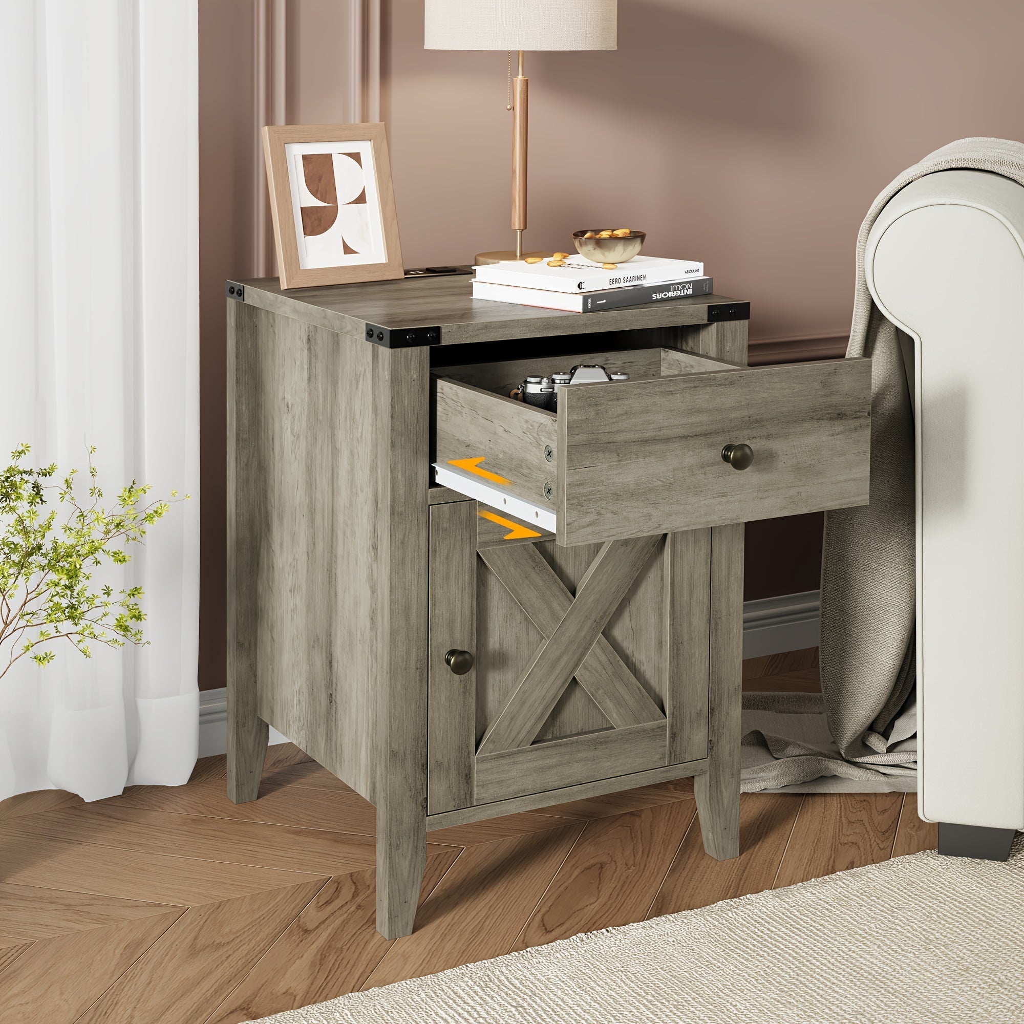 Farmhouse Nightstand with Drawer and Storage Cabinet, End Side Table for Bedroom