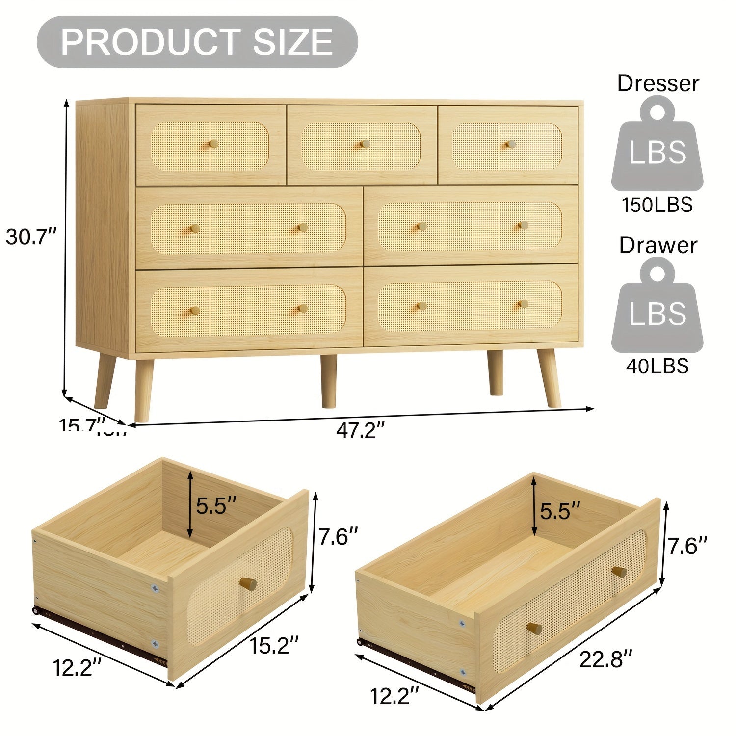 Rattan 7 Drawer Dresser For Bedroom, Wood Boho Double Chest Of Drawers With Storage And Gold Handle