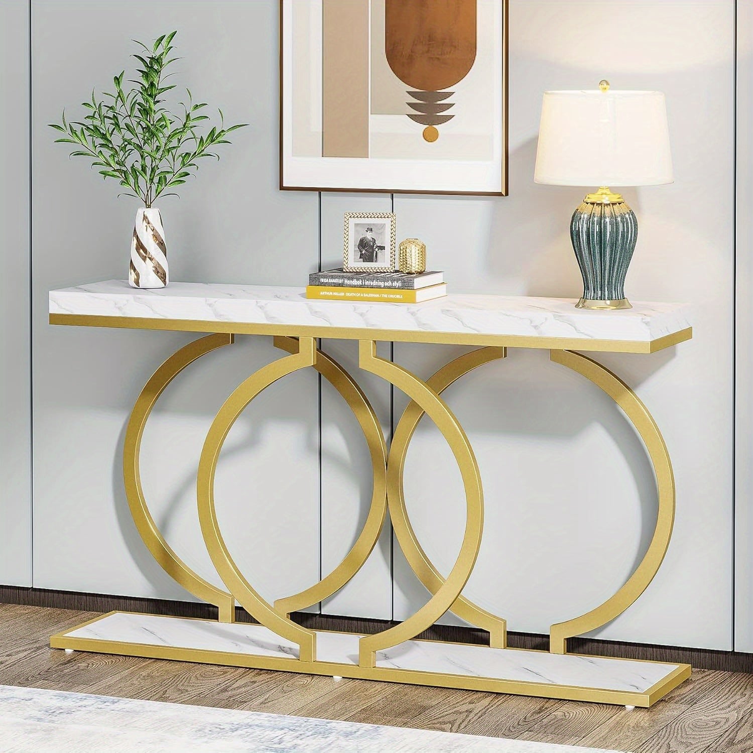 Golden Console Table, 55 inch Faux Marble Entryway Table Narrow Long Sofa Table, Modern Accent Table for Living Room, Entrance Table Geometric Metal Frame