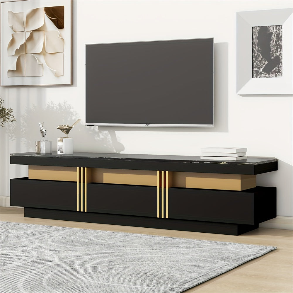 TV Stand with High Gloss Faux Marble Top for TVs Up to 78'', Rectangle Media Console with Golden Panel Design, Practical Entertainment Center with 3 Drawers for Living Room