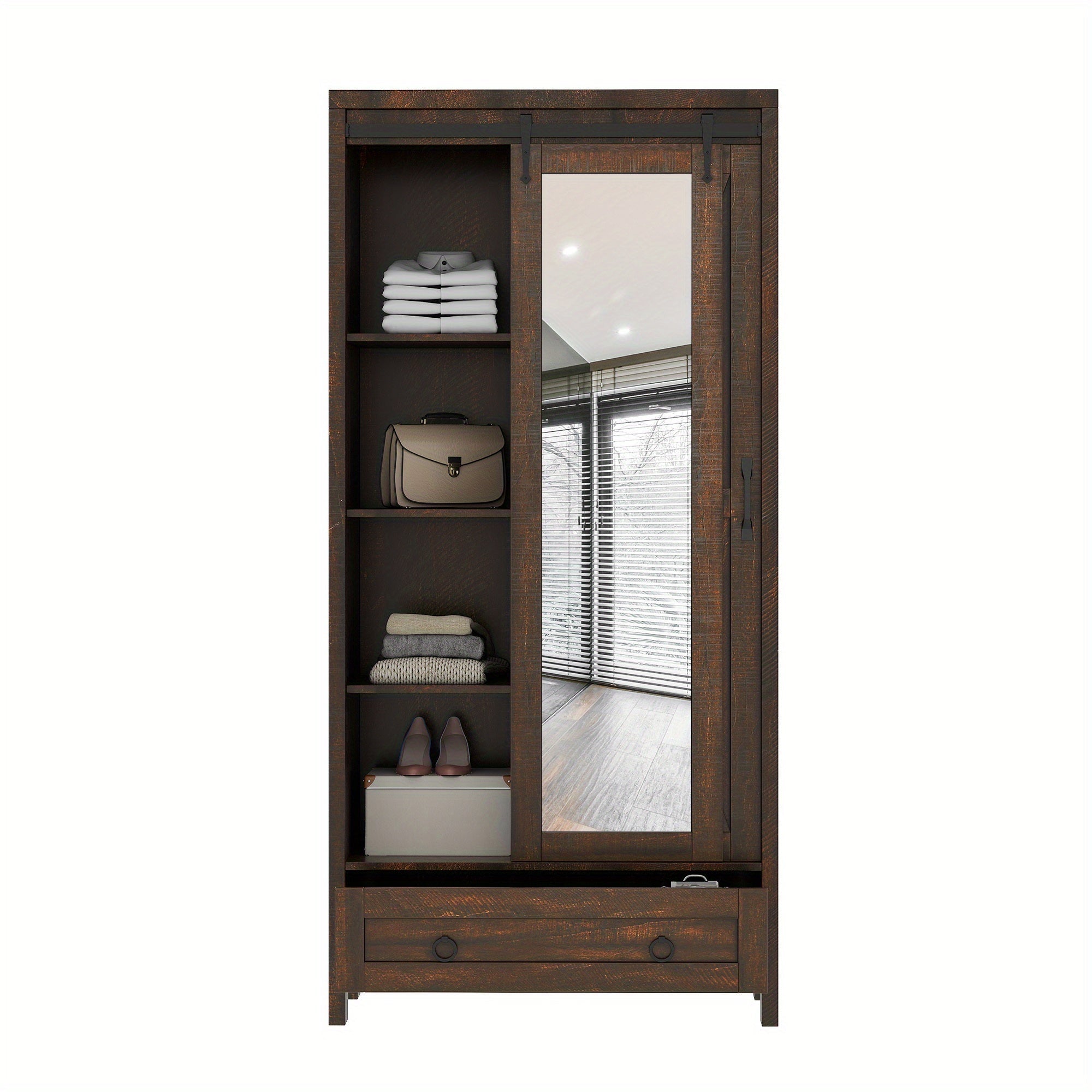 Rustic Farmhouse Tall Storage Cabinet with Full-Length Mirror - Brown, Engineered Wood, 4 Shelves, Perfect for Bathroom, Bedroom, Living Room, Home Office - Ideal Gift for Thanksgiving, Christmas, Halloween