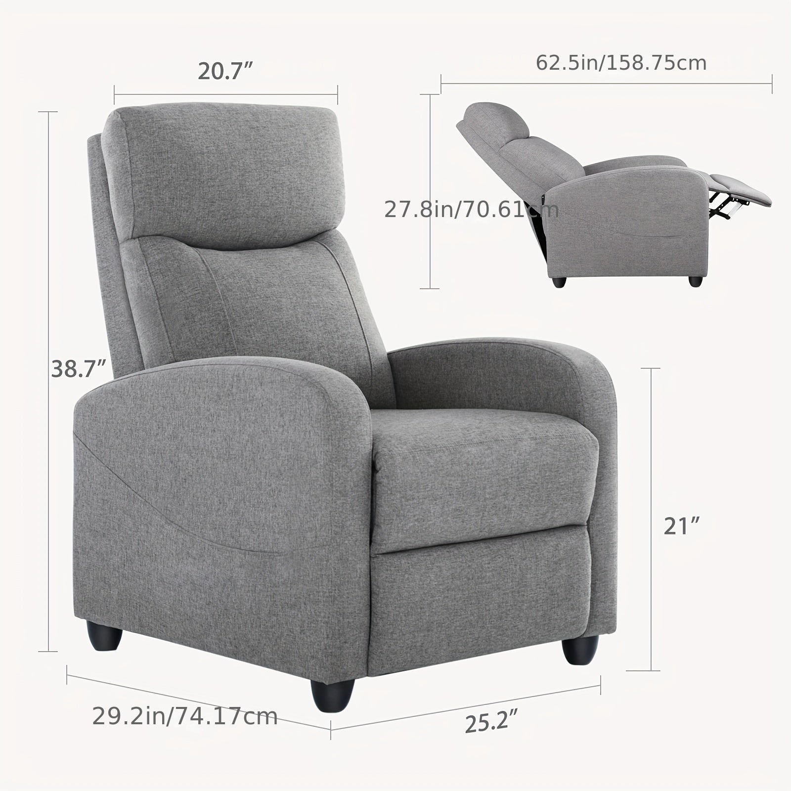 1pc Recliner Chair For Adults, Massage Reclining Chair For Living Room, Adjustable Modern Recliners Chair, Home Theater Seating Single Sofa Recliner With PU Leather Padded Seat Backrest (Gray)