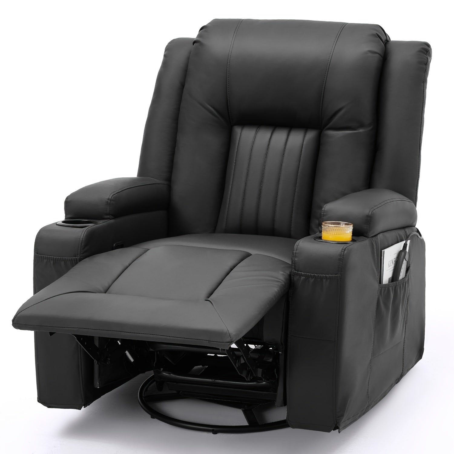 Massage Manual Recliner Chair With Heat, Leather Rocking Recliner Swivel Recliners Lazy Boy Recliner Chair W/ 2Side Pockages, 2 Cup Holders For Living Room, RV, Black