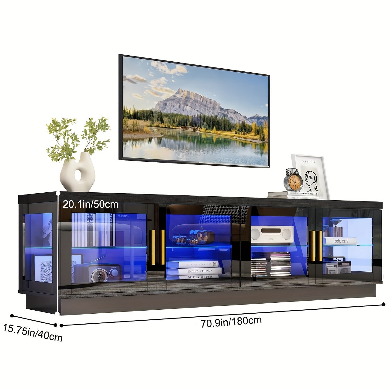 LED TV Stand For 85/80/75inch TV, TV Entertainment Center With Storage Cabinet, TV Console, Display Cabinet With Glass Doors