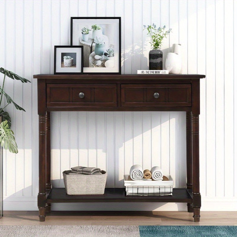 Modern Metal Console Table with Two Drawers and Bottom Shelf, Sturdy & Stylish Leg Base, No Wood, Elegant Space-Saving Solution, with Espresso Finish for Entryway, Living Room