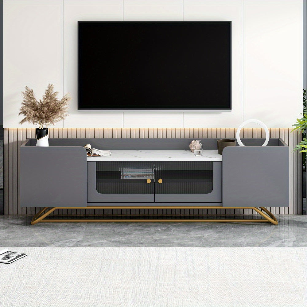 Sleek Design TV Stand with Fluted Glass, Contemporary Entertainment Center for TVs Up to 70", Faux Marble Top TV Console Table with Gold Frame Base, Grey