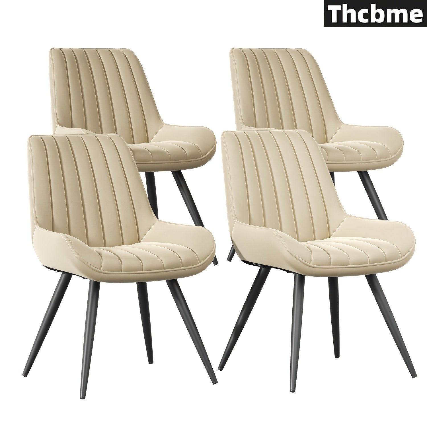 Beige Dining Chair Set of 4 - Comfy Upholstered Fabric with Thick Cushions, Modern Kitchen Side Chairs with Metal Legs, THCBME