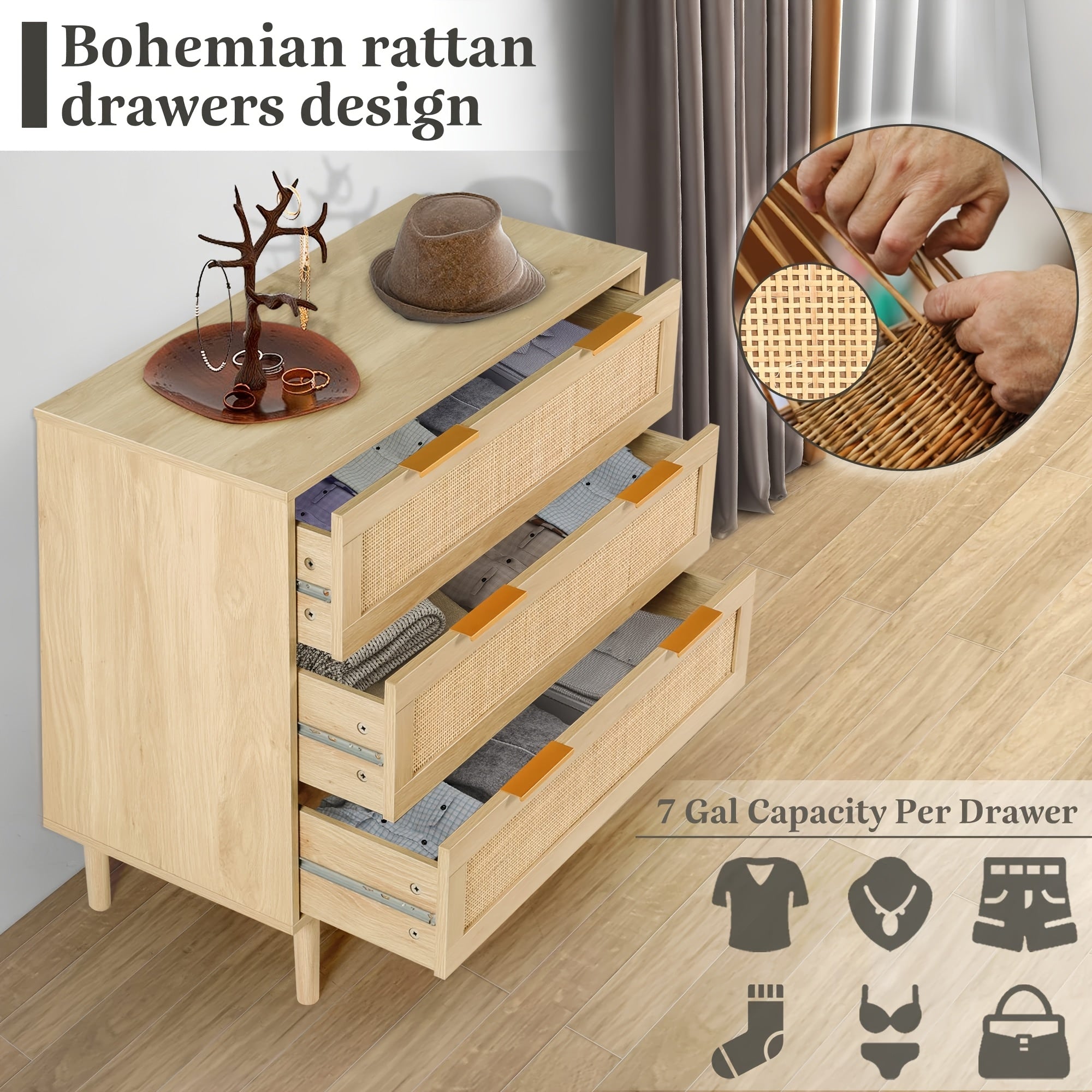 3 Drawer Rattan Dresser For Bedroom, Modern Closet Dressers Chest Of Drawers, Wood Oak Storage Chest For Bedroom, Hallway, Living Room