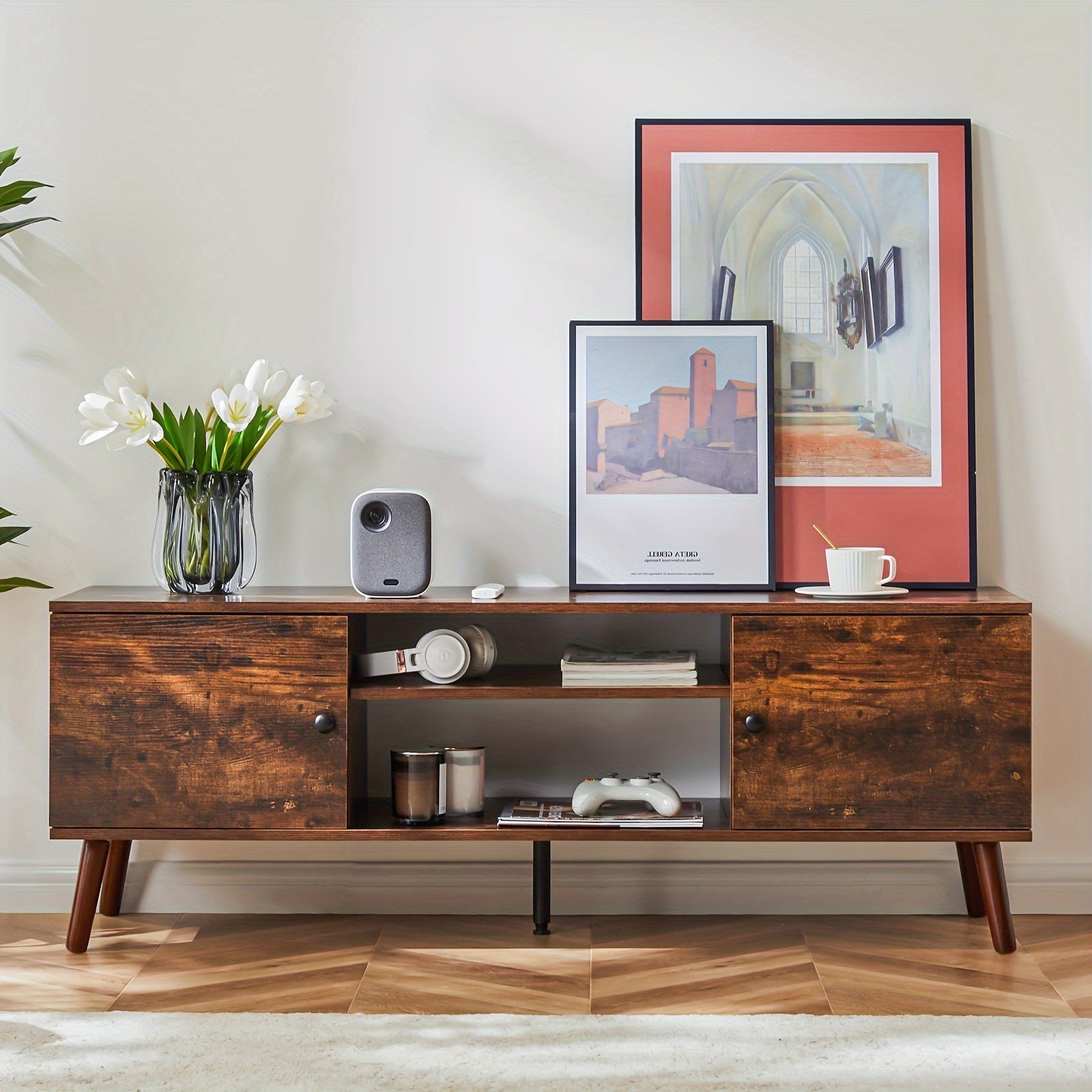 1pc Mid-Century Modern TV Stand with Cable Management Hole, Hardwood and Artificial Board Construction, Spacious Storage for Home and Office Use