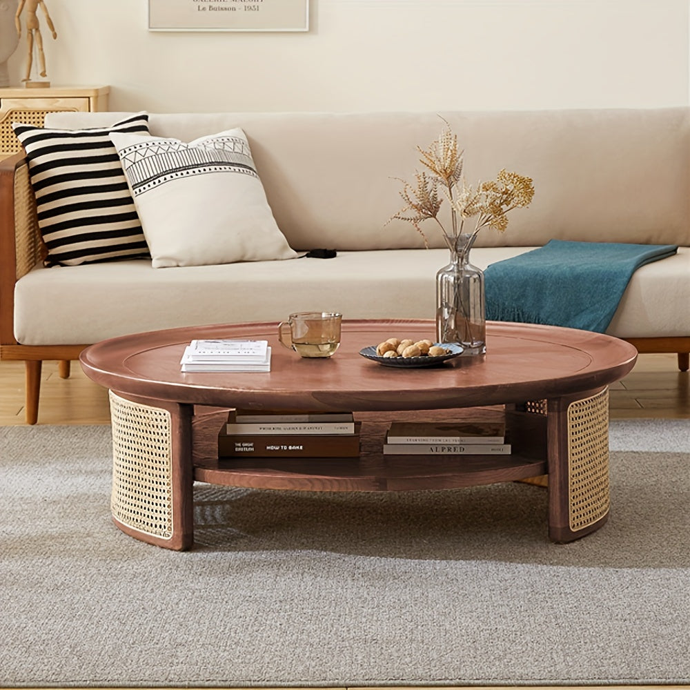 1pc Classic Round Coffee Table - Space-Saving Hardwood & Rattan Center Table with Engineered Wood Frame and Oak Finish for Living Room