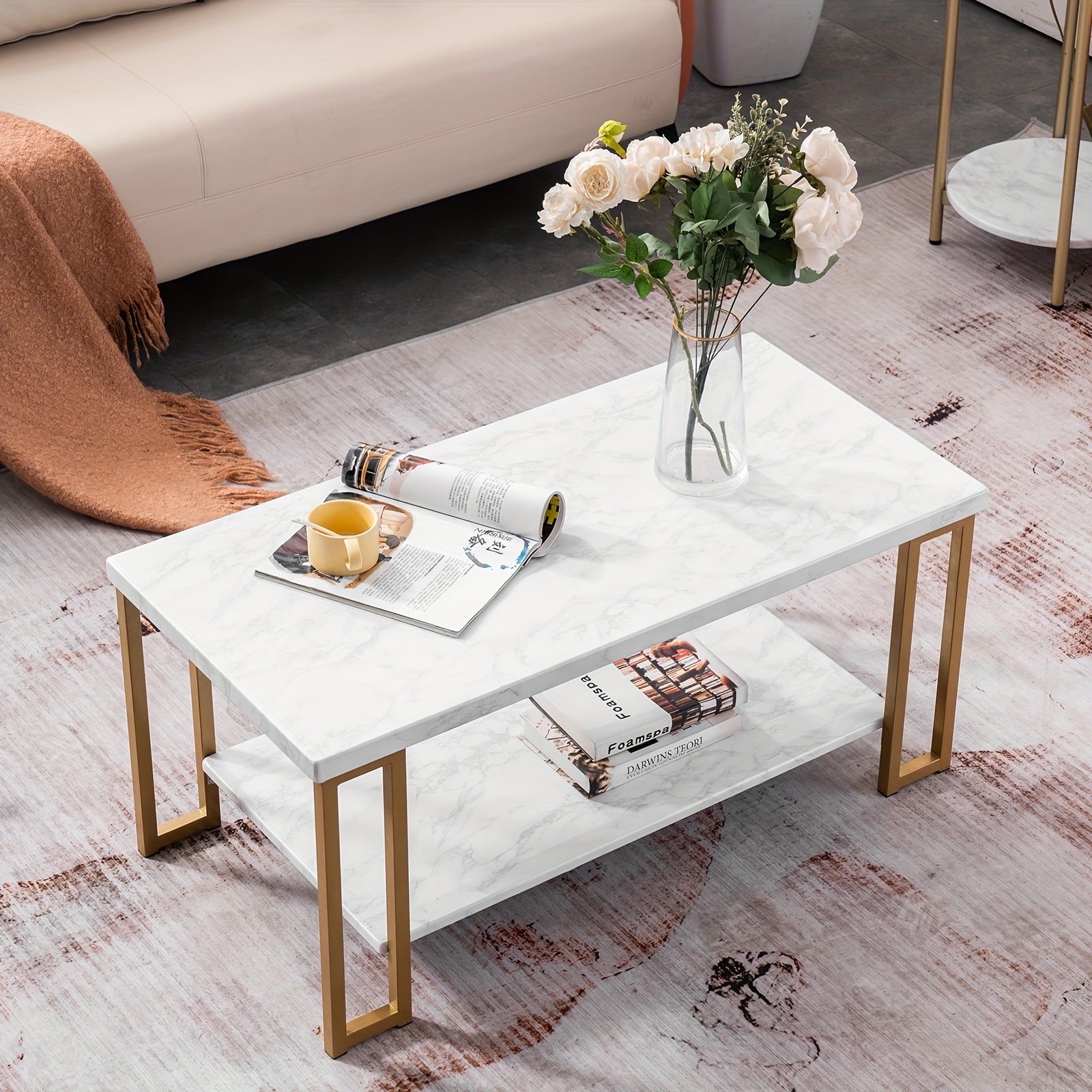 Simple Double-layer Golden Iron Pipe Marble PVC Coffee Table Rectangular