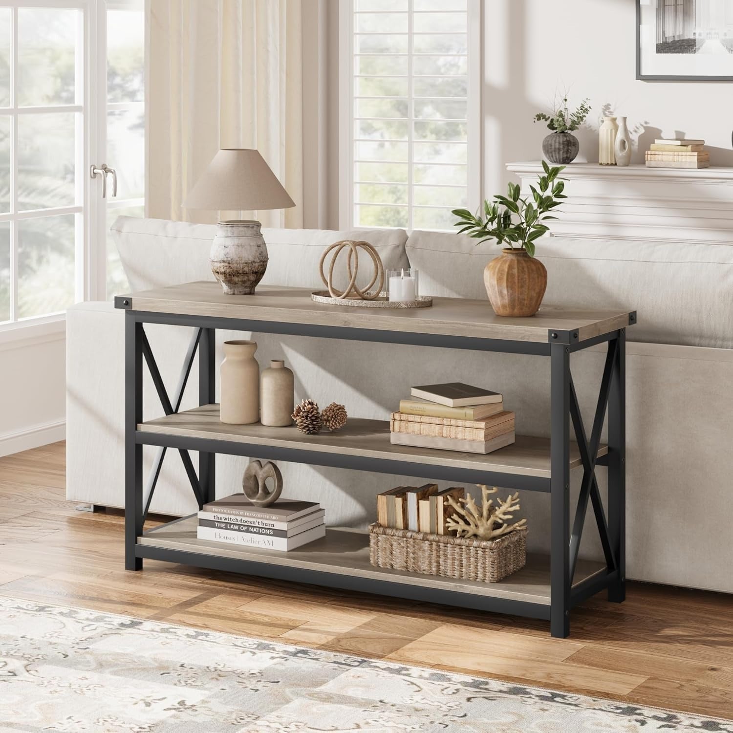 47 Inch Entryway Table, Narrow Long Console Table with Storage, 3 Tier Wood Sofa Table for Living Room, Industrial Behind Couch Table, Hallway Table for Foyer, Entryway Furniture-Grey