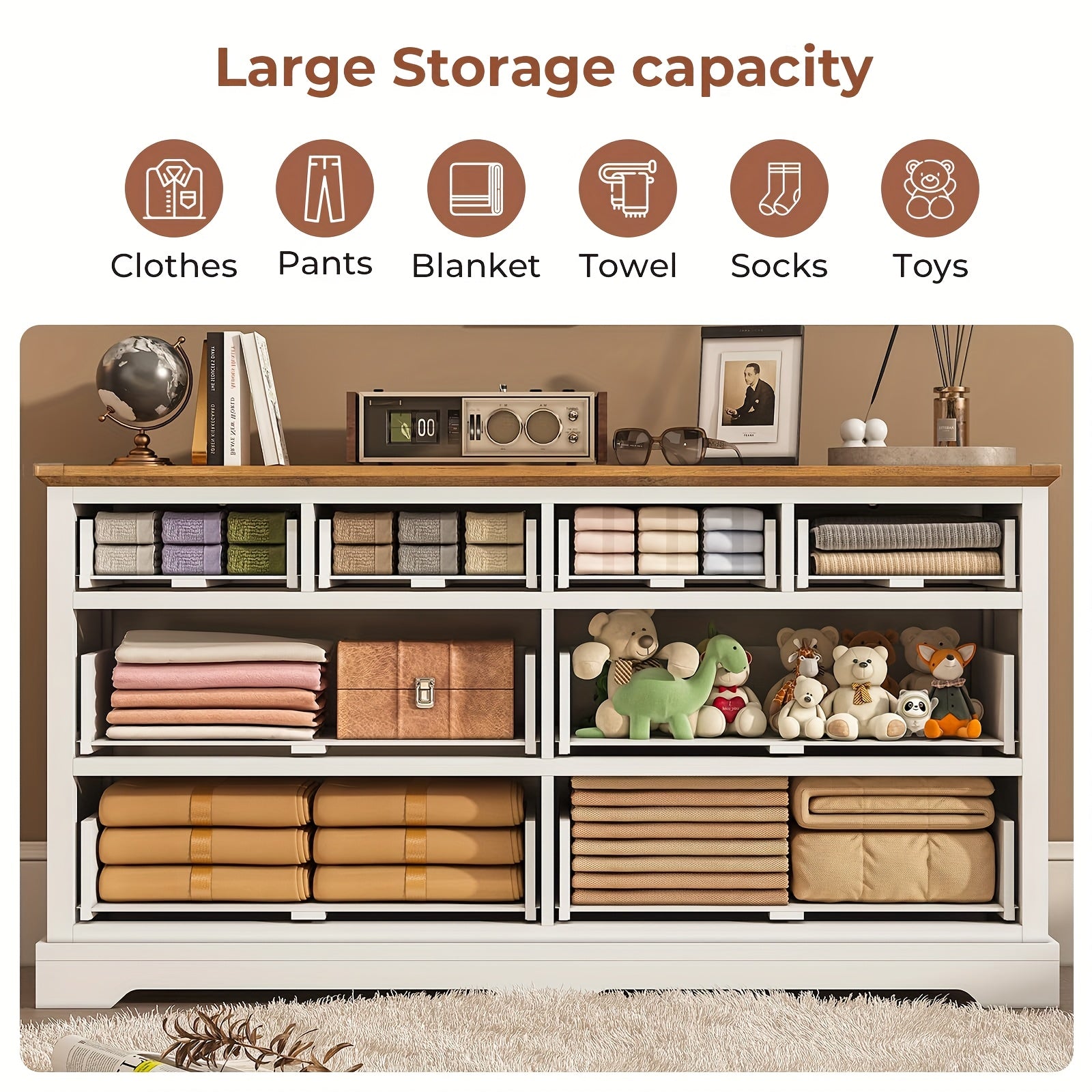 Dresser for Bedroom 138cm Farmerhouse Double Dresser TV Stand 8 Drawers Dresser with Square Handle Chest Of Drawers