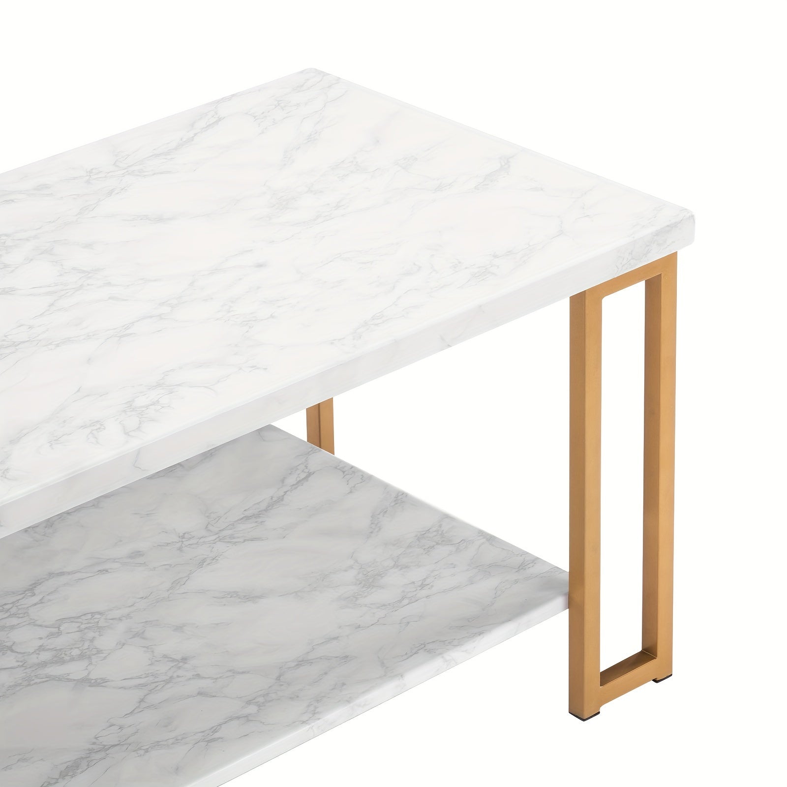 1pc Double Layer Square Frame Legs Coffee Table Rectangle Density Board, Iron 39.37*20.08*18.11inch Imitation Marble White Desktop Golden Baking Paint