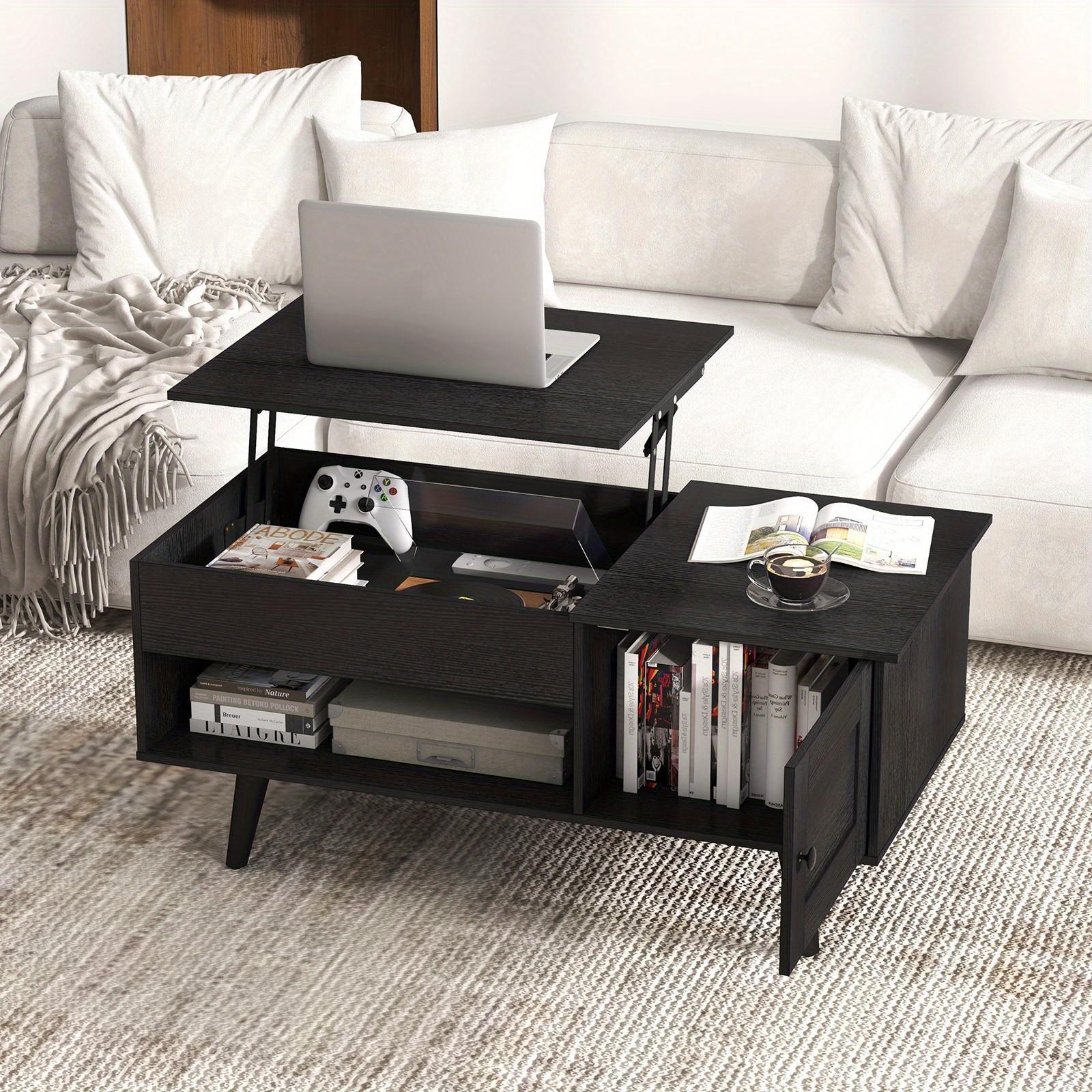 Contemporary Lift Top Coffee Table with Hidden Storage Compartment and Adjustable Height, Wood Construction with Open Shelf and Cabinet, No Electricity Required, Home and Office Furniture