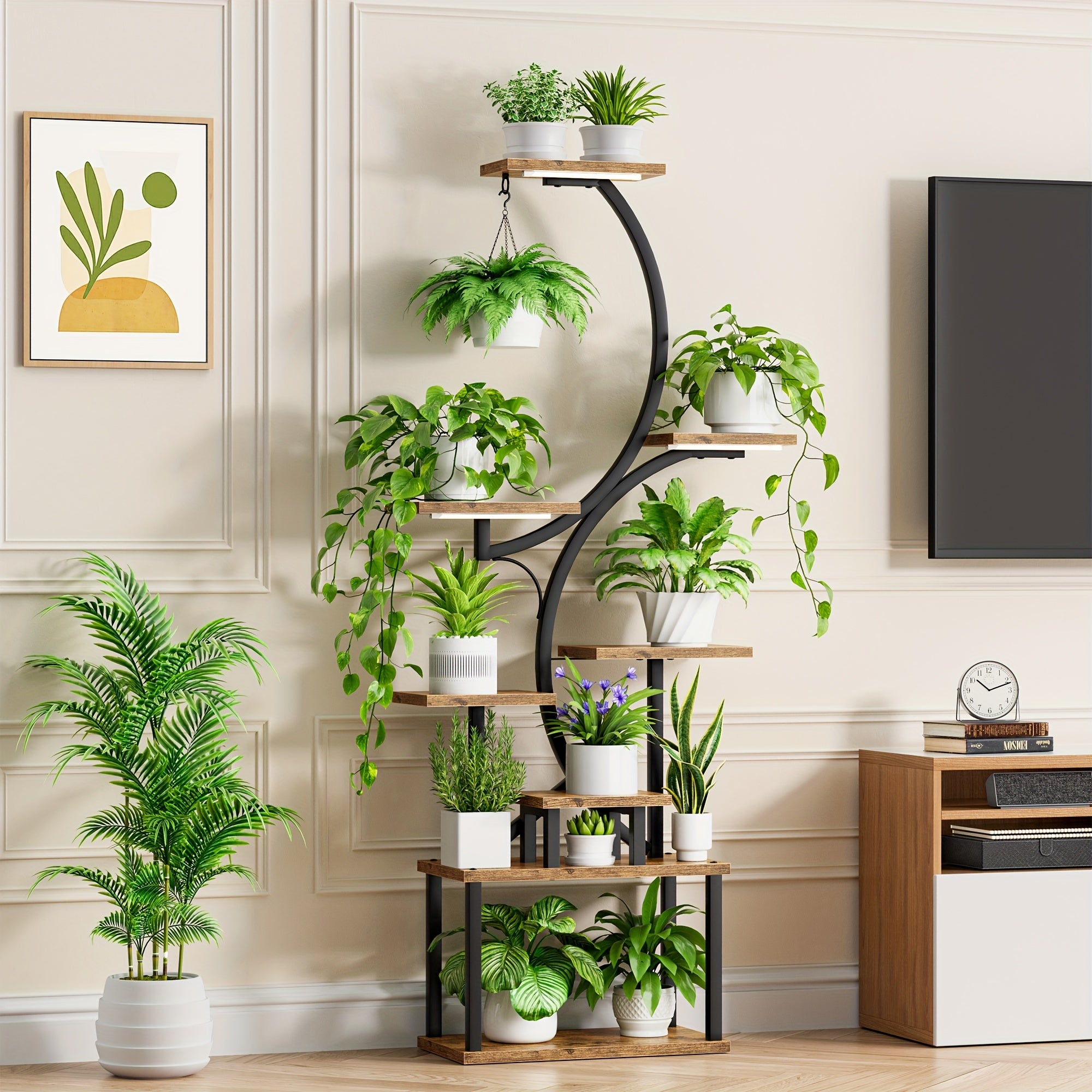 S-shaped Plant Stand Indoor With Grow Lights, 62'' Tall 8 Tiered Large Metal Household Plant Flower Stand With Thickened Wooden Boards, Multi Functional Display Stand, Suitable For Terraces, Balconies, Living Rooms, Courtyard