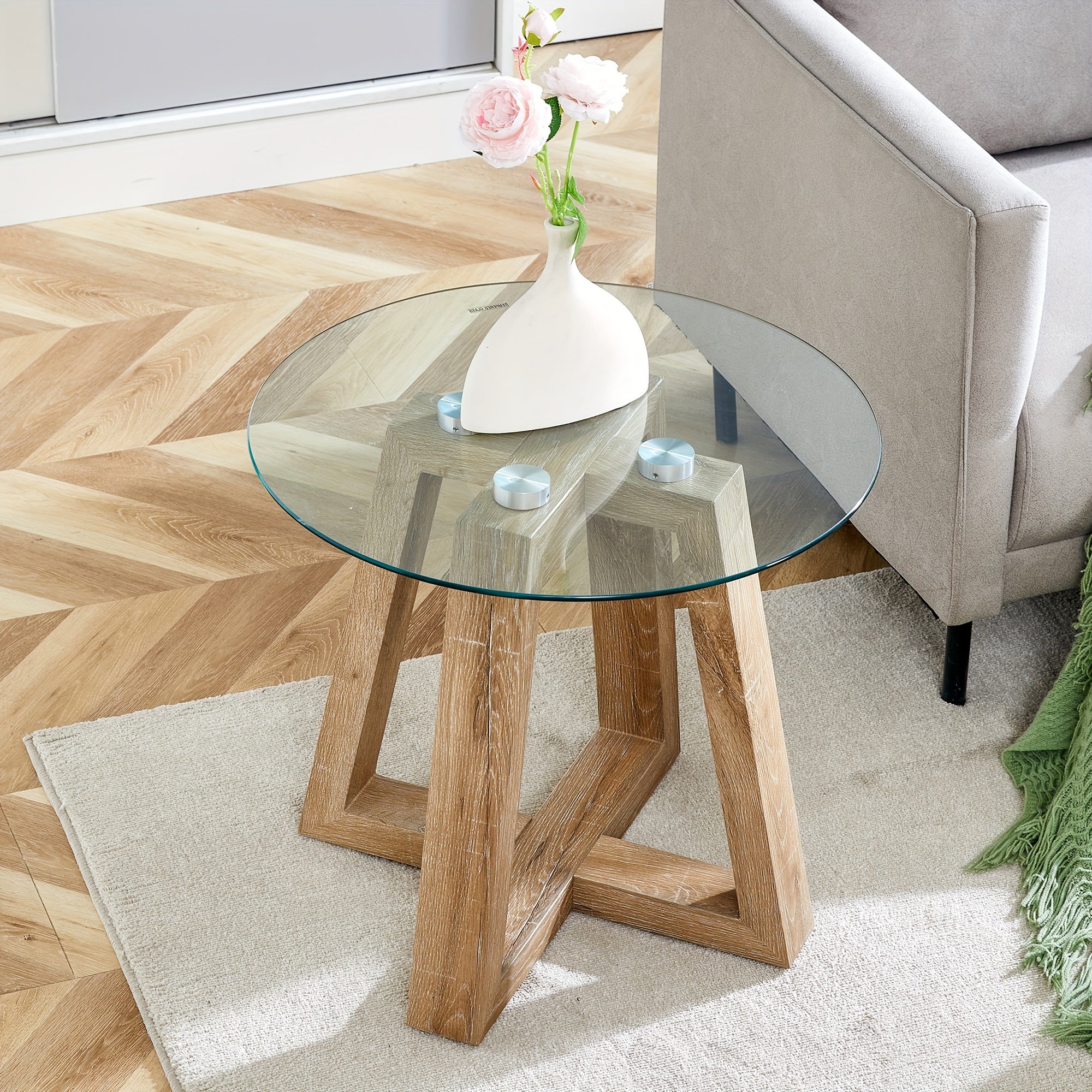 22in*22in*19.7in Tempered Glass Small End Table, Mnimalist Round Side Table, Mid-Century Modern End Side Table for Living Room Bedroom Small Spaces Office, with wood-coloured Legs, furniture for home clearance, home decor, lo