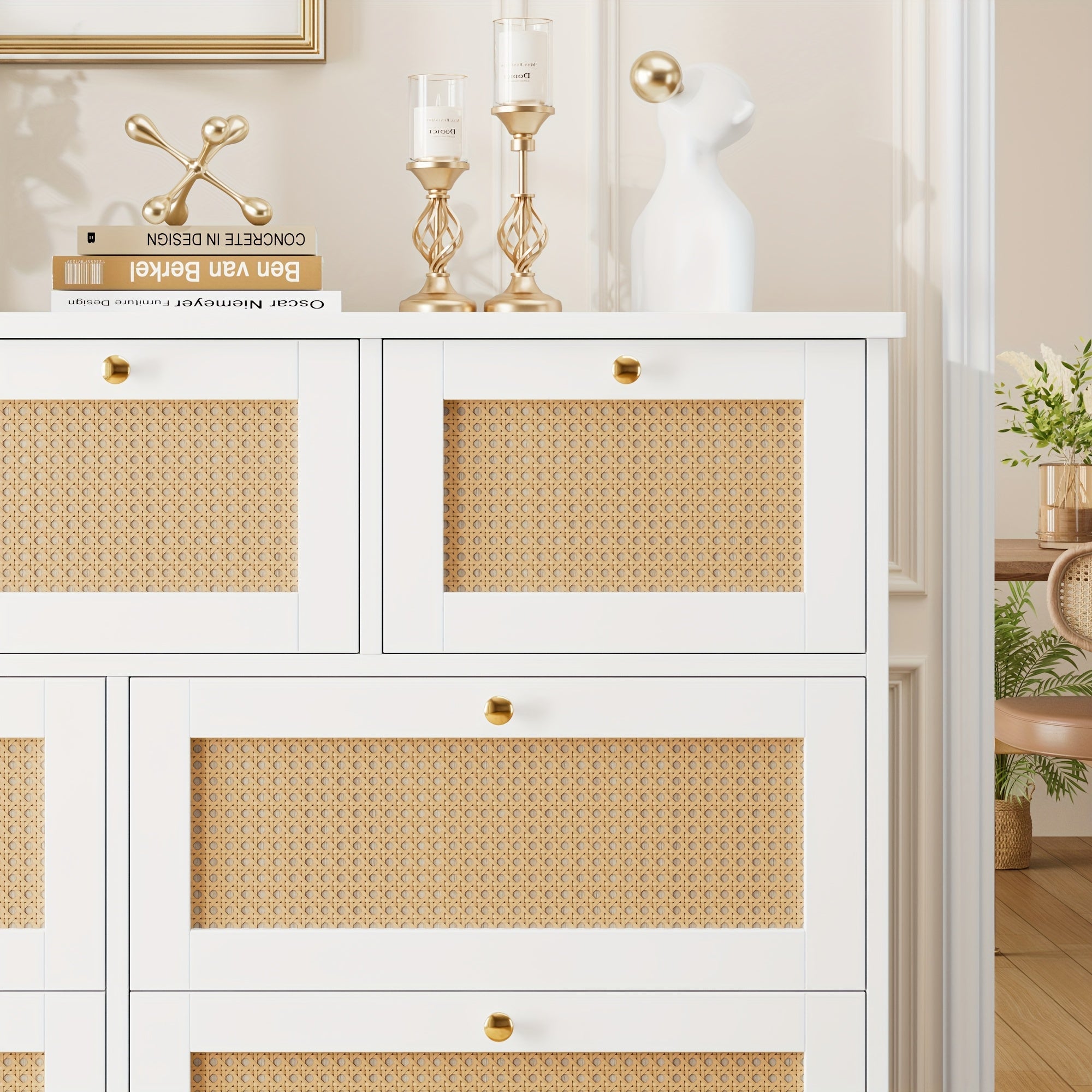 1pc Modern White Rattan Dresser with 7 Drawers - Wall Mount No Wood Electricity-Free Spacious Closed Storage <3.2 Cubic