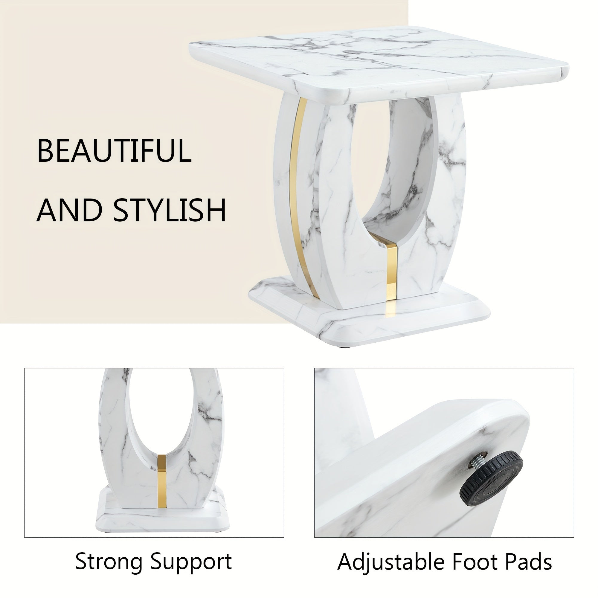 Modern Faux Marble Pattern Side Table with Golden Accents 23.6’’ Square Top Adjustable Foot Pads And Sturdy Base