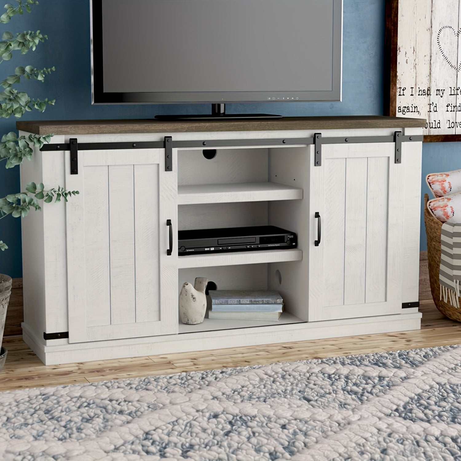 1pc Modern Farmhouse Wood TV Stand Sliding Barn Door Wood Entertainment Center Home Living Room Storage Table TV Stands