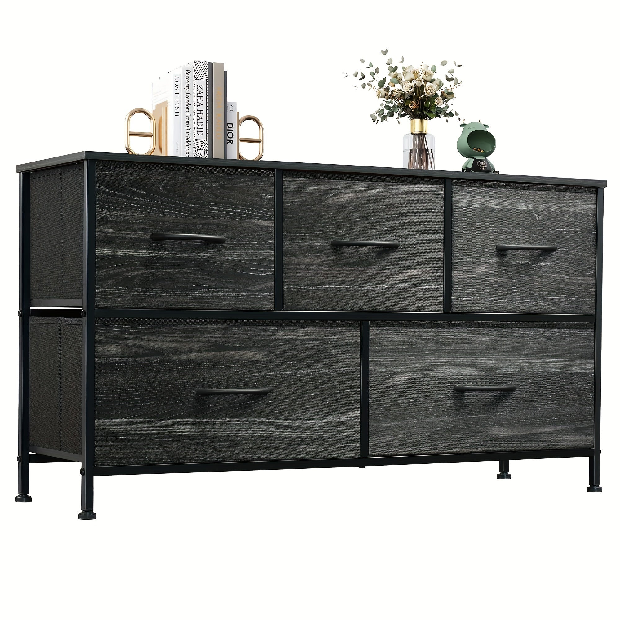 Modern 5-Drawer Fabric Storage Dresser - Freestanding Wood Frame Organizer for Bedroom & Living Room - Charcoal Black