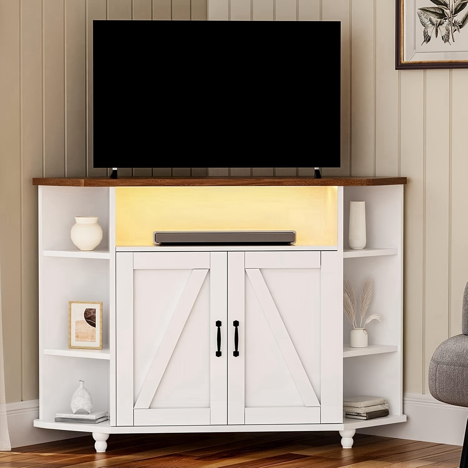 Office Corner TV Stand For With LED Lights Studio Corner TV Cabinet With Adjustable Shelves Corner Entertainment Center