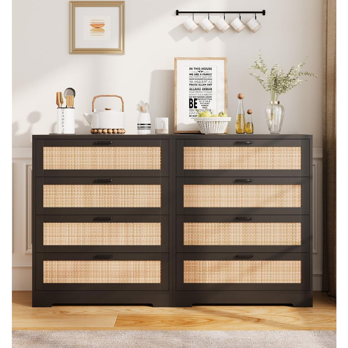 4 Drawer Dresser for Bedroom, Rattan Chest of Dressers, Modern Wood Tall Dresser with Power Outlets, Drawer Organizer Unit with Metal Handle for Living Room Closet Hallway Entryway