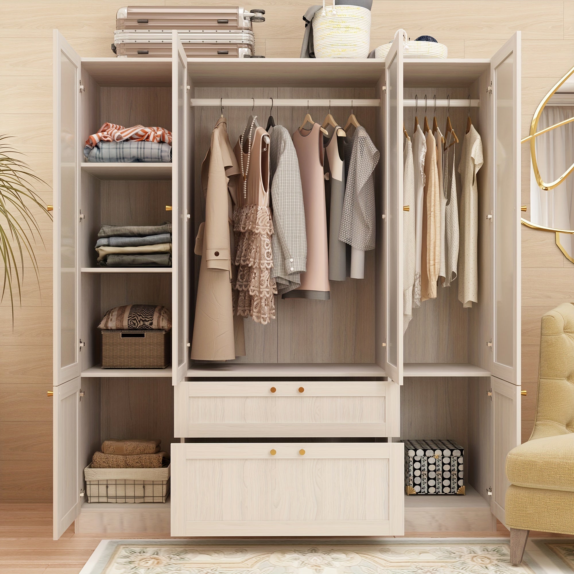Furniture For Home Wardrobe Closet With 4 Frosted Glass Doors Hanging Bars Shelves & Drawers Wooden Closet Storage