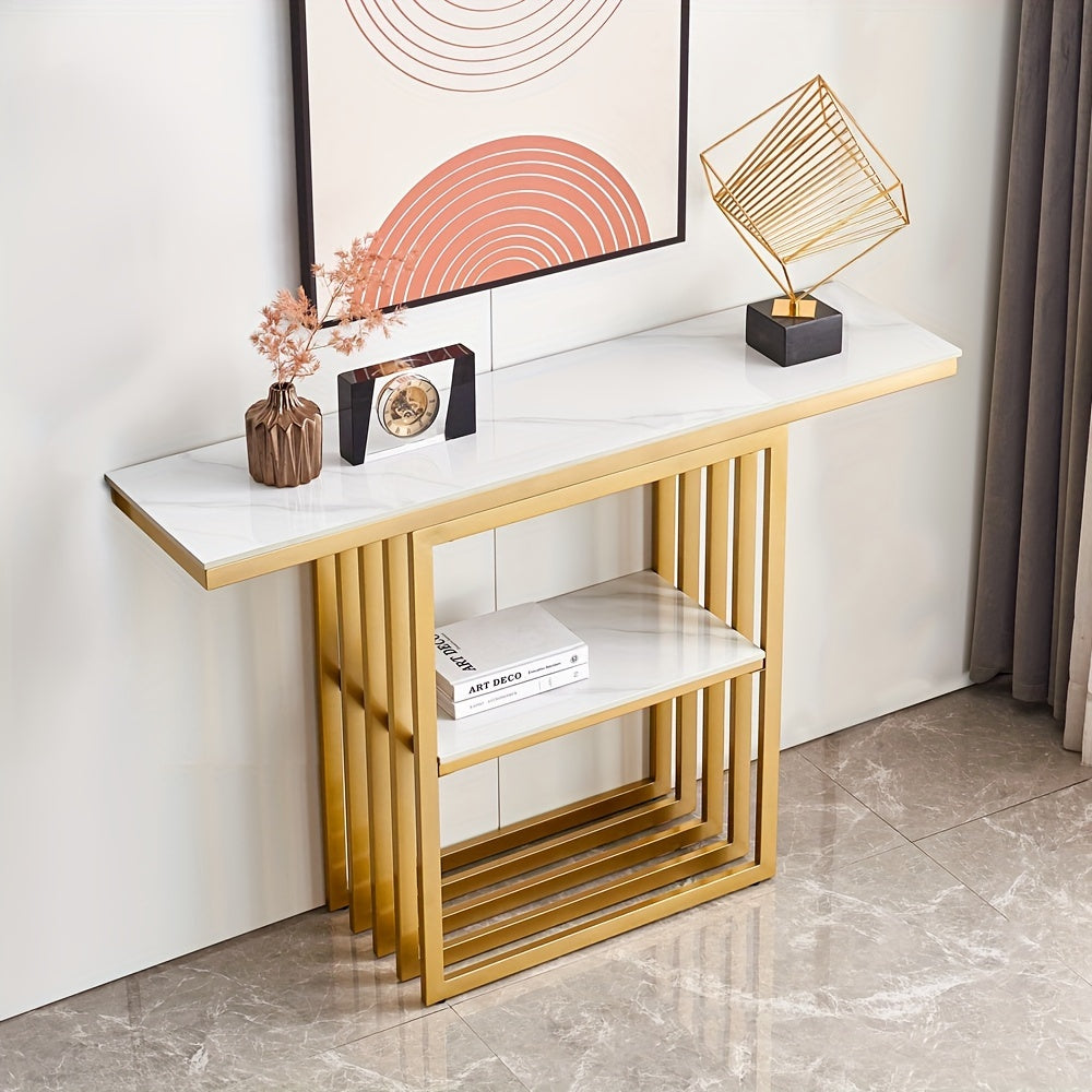 47.24 in Modern Console Table with Storage Space, Sintered Stone Entryway Table, Accent Table Sofa Table with Metal Base, Narrow Table Foyer Table for Entrance, Living Room, Hallway