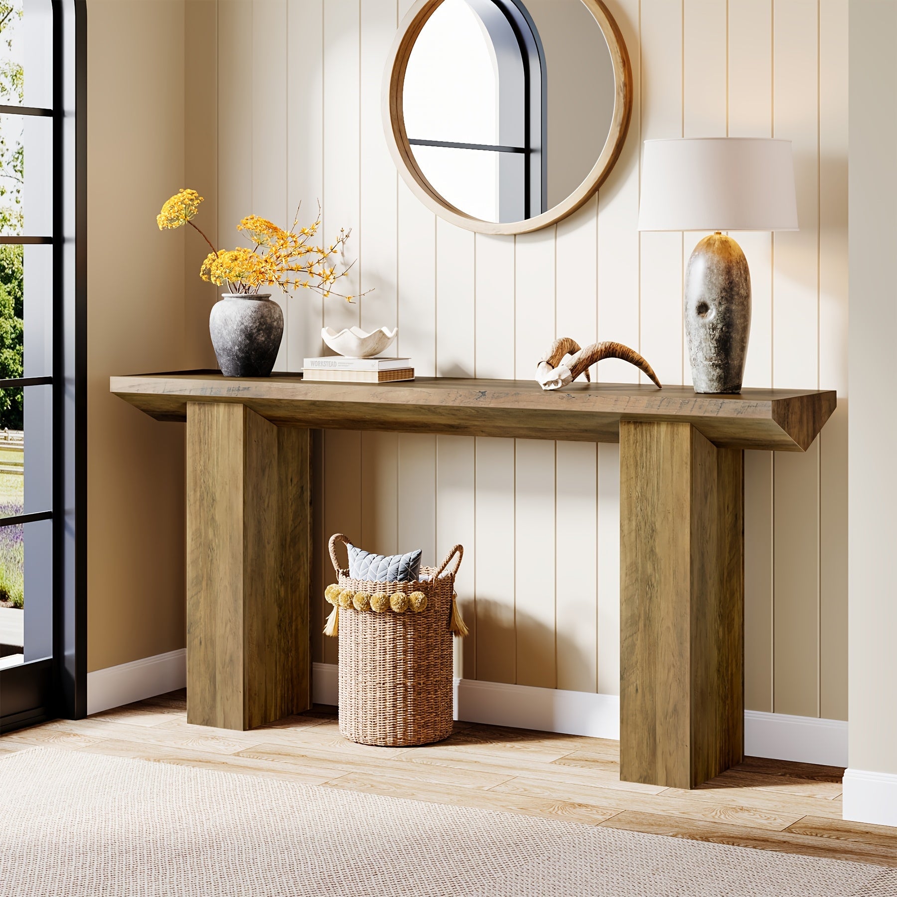 Chic Farmhouse Console Table - 63" Long, Stain-Resistant MDF Wooden Desk with Unique Inverted Triangle Design for Office, Entryway, or Living Room Decor